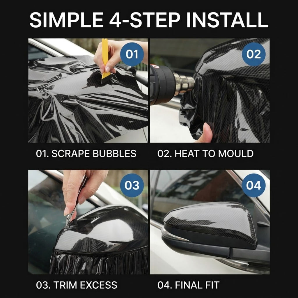 A 4-panel installation guide showing how to apply a glossy carbon-fiber-look car wrap or mirror cover. The panels are labeled 01 to 04 with text reading 'SCRAPE BUBBLES,' 'HEAT TO MOULD,' 'TRIM EXCESS,' and 'FINAL FIT,' all on a black background with the headline 'SIMPLE 4-STEP INSTALL.