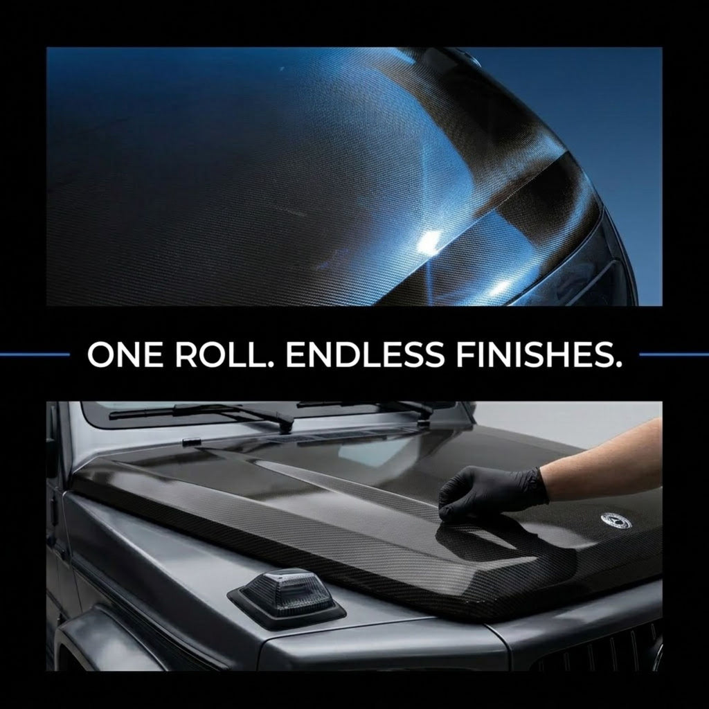 A carbon fiber vinyl wrap roll applied to a vehicle hood, shown in a before-and-after style composite. The top panel shows the glossy, textured carbon fiber pattern on a blue-tinted surface.