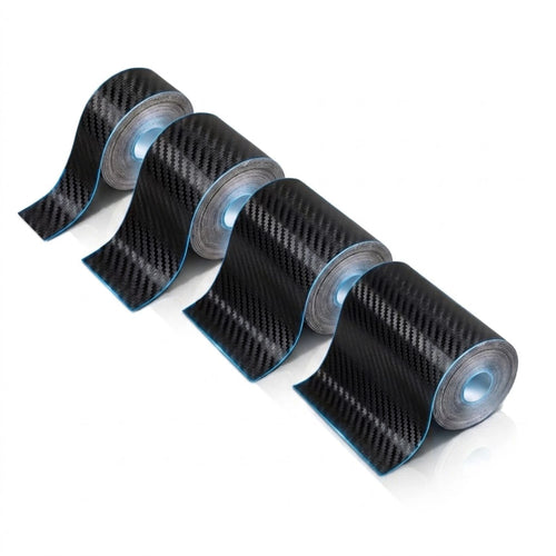 Four rolls of black carbon fiber pattern vinyl wrap tape with a blue backing, shown on a clean white background.