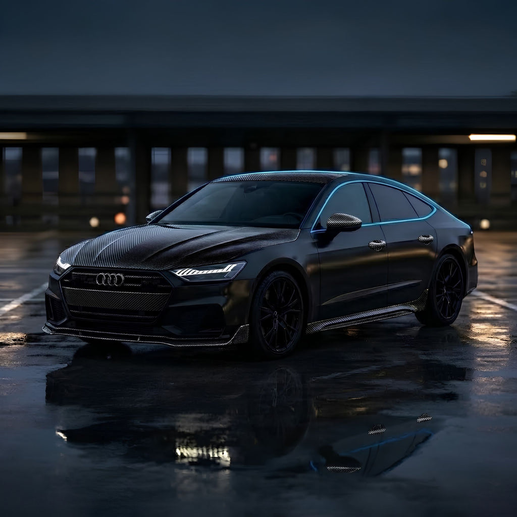A dark metallic Audi sports sedan wrapped in carbon fibre parked on a wet reflective street at night, with blurred city lights and a bridge in the background.