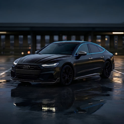 A dark metallic Audi sports sedan wrapped in carbon fibre parked on a wet reflective street at night, with blurred city lights and a bridge in the background.