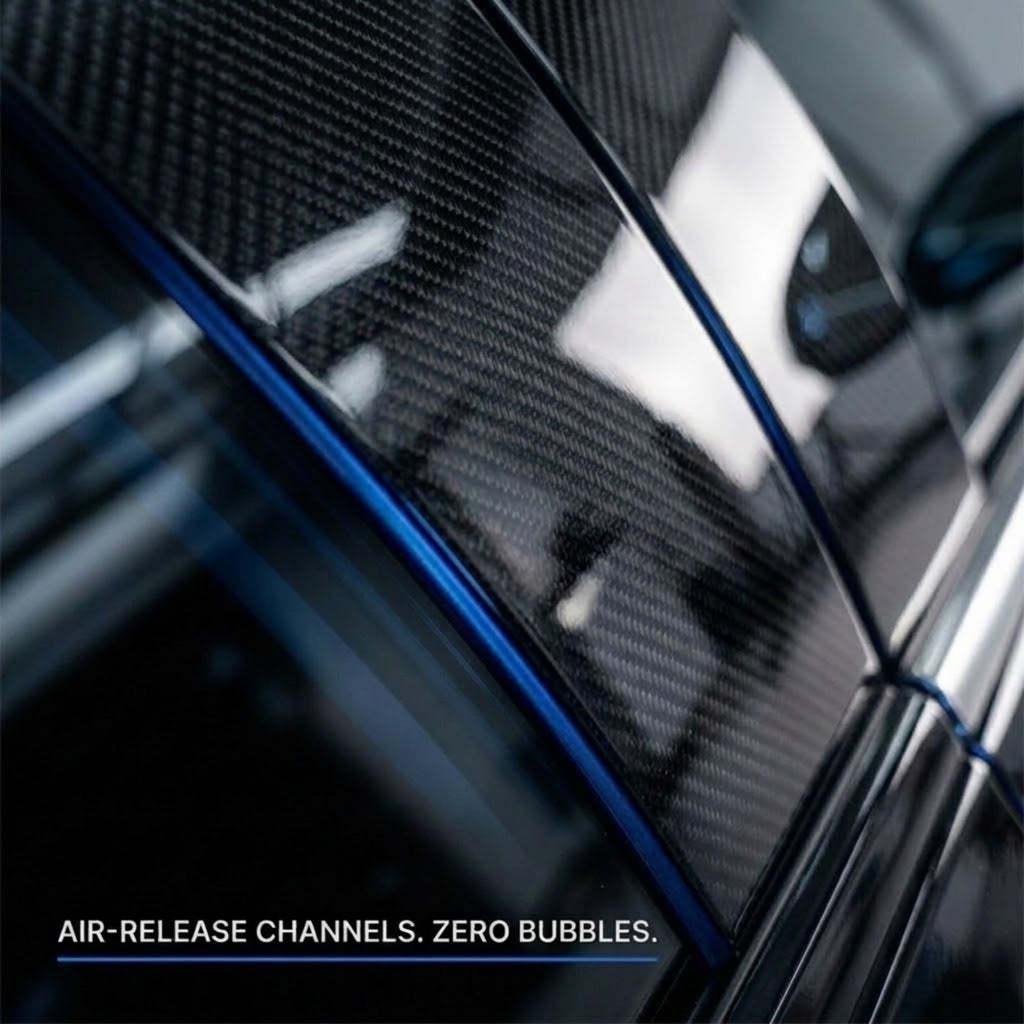 Close-up of a glossy carbon fiber textured automotive trim piece with a blue accent line, mounted on a vehicle door. White text at the bottom reads 'AIR-RELEASE CHANNELS.
