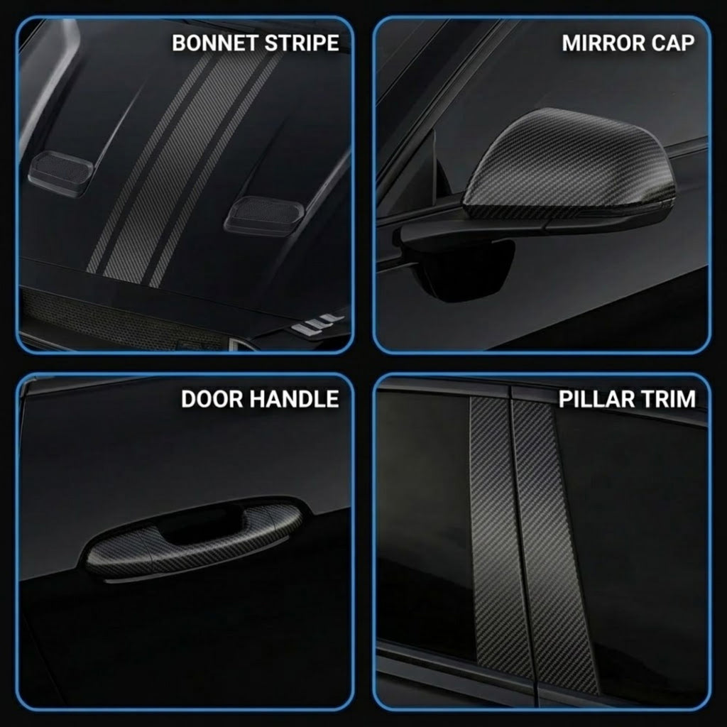 Four-panel collage showing carbon fiber style automotive accessories applied to a dark car: bonnet stripe decals, a mirror cap, a door handle cover, and pillar trim strips. White labels identify each part.