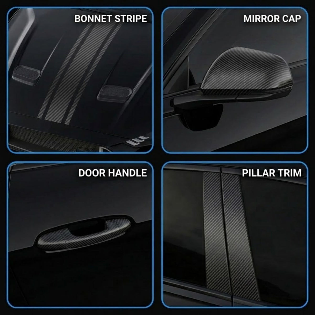 Four-panel collage showing carbon fiber style automotive accessories applied to a dark car: bonnet stripe decals, a mirror cap, a door handle cover, and pillar trim strips. White labels identify each part.