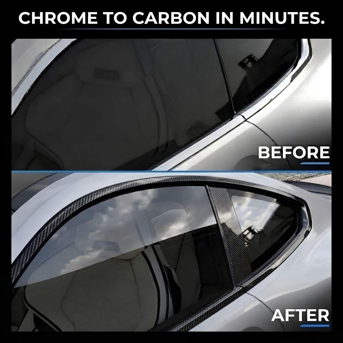 Before and after comparison of a car side window tint, showing a dark chrome-to-carbon tint applied. The top panel is labeled BEFORE and shows a lighter tinted window; the bottom panel is labeled AFTER and shows a much darker, near-black carbon-fiber-look tint around the window frame.