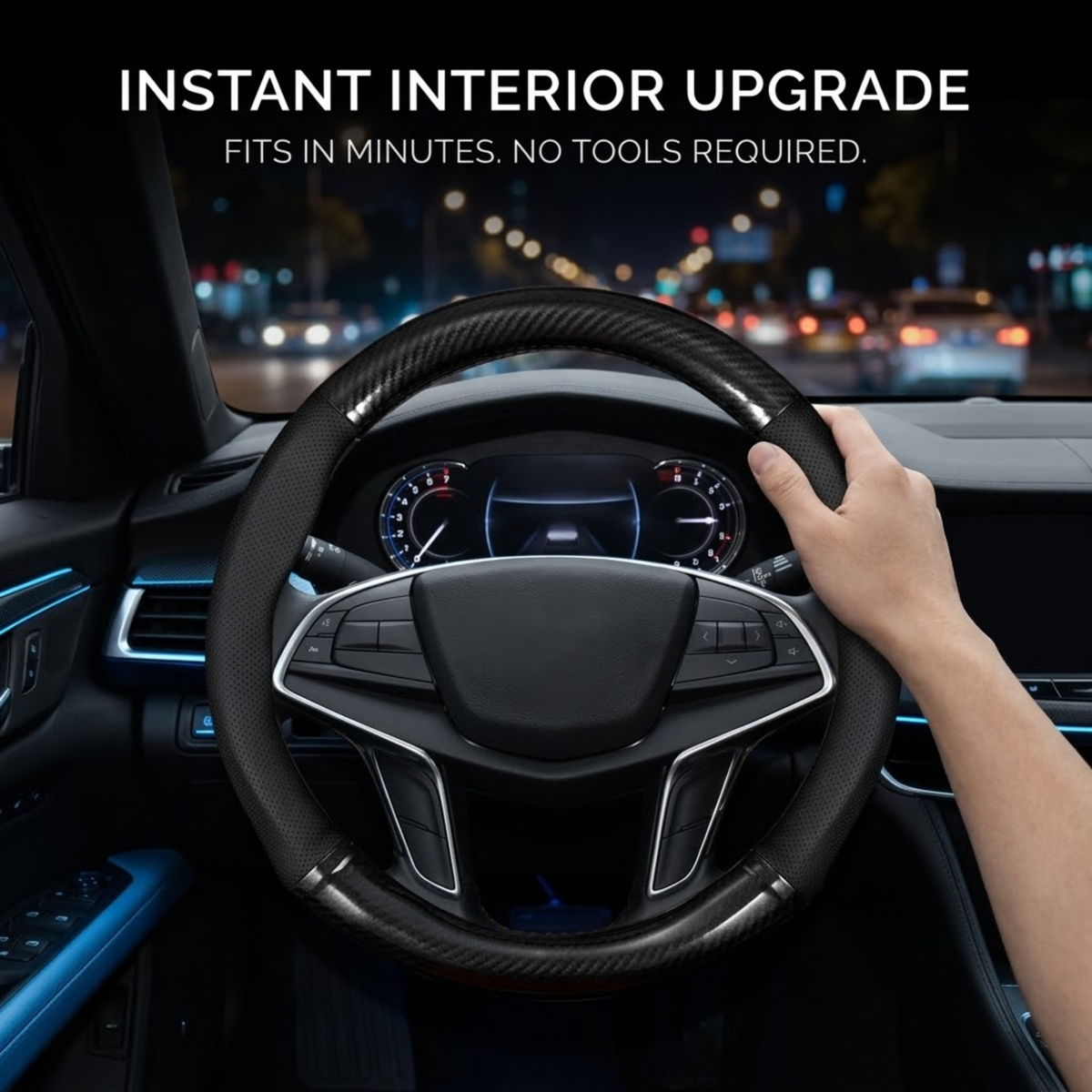 Driver's hand on a black Carbon Fibre Steering Wheel Cover fitted to a car steering wheel at night