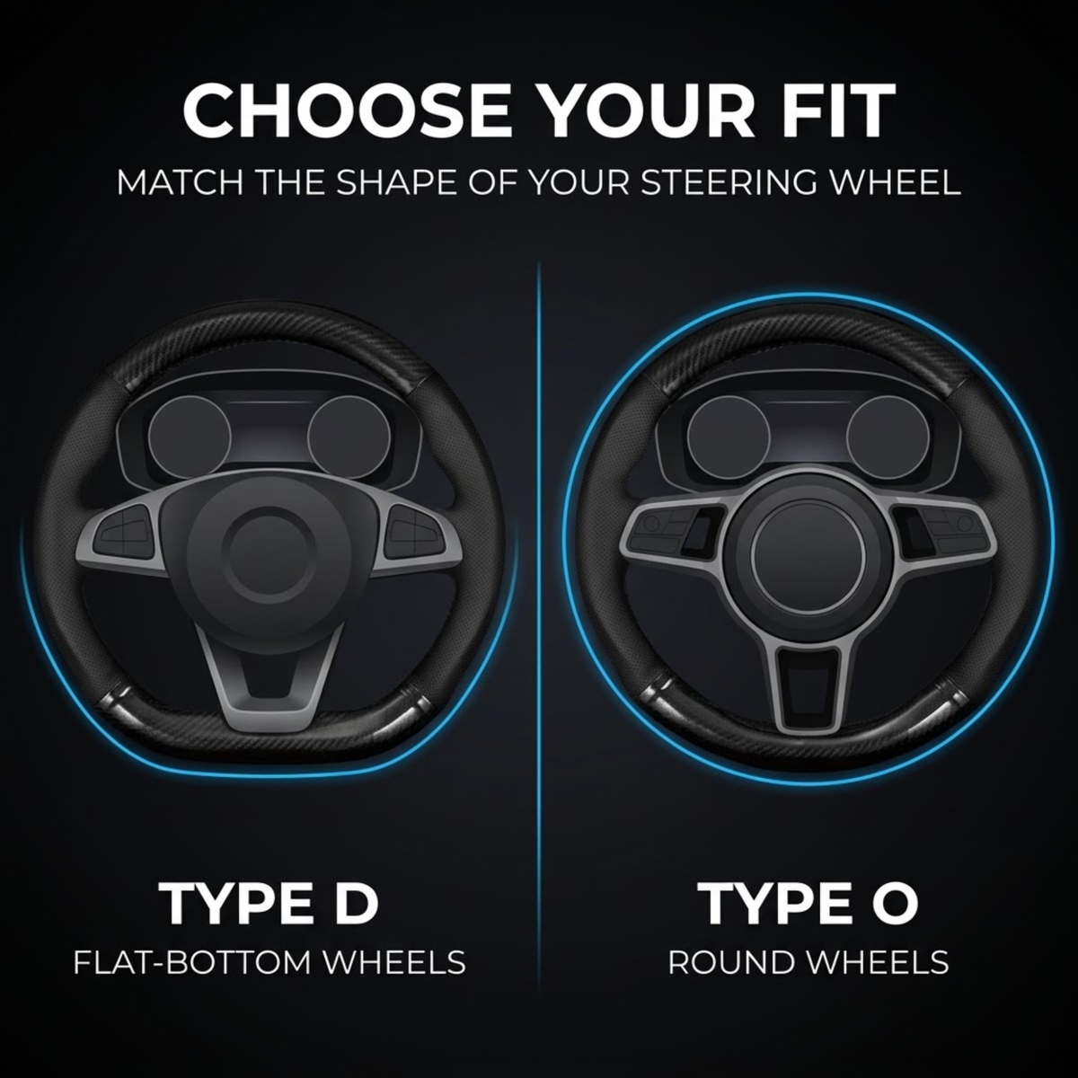 Carbon Fibre Steering Wheel Cover in Type D flat-bottom and Type O round shapes shown side by side