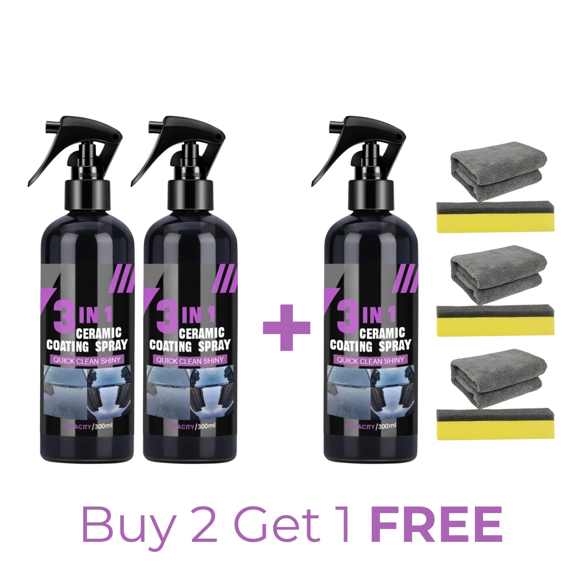 Ceramic Coating Spray 300ml three bottle bundle with microfibre cloths and applicators, Buy 2 Get 1 Free