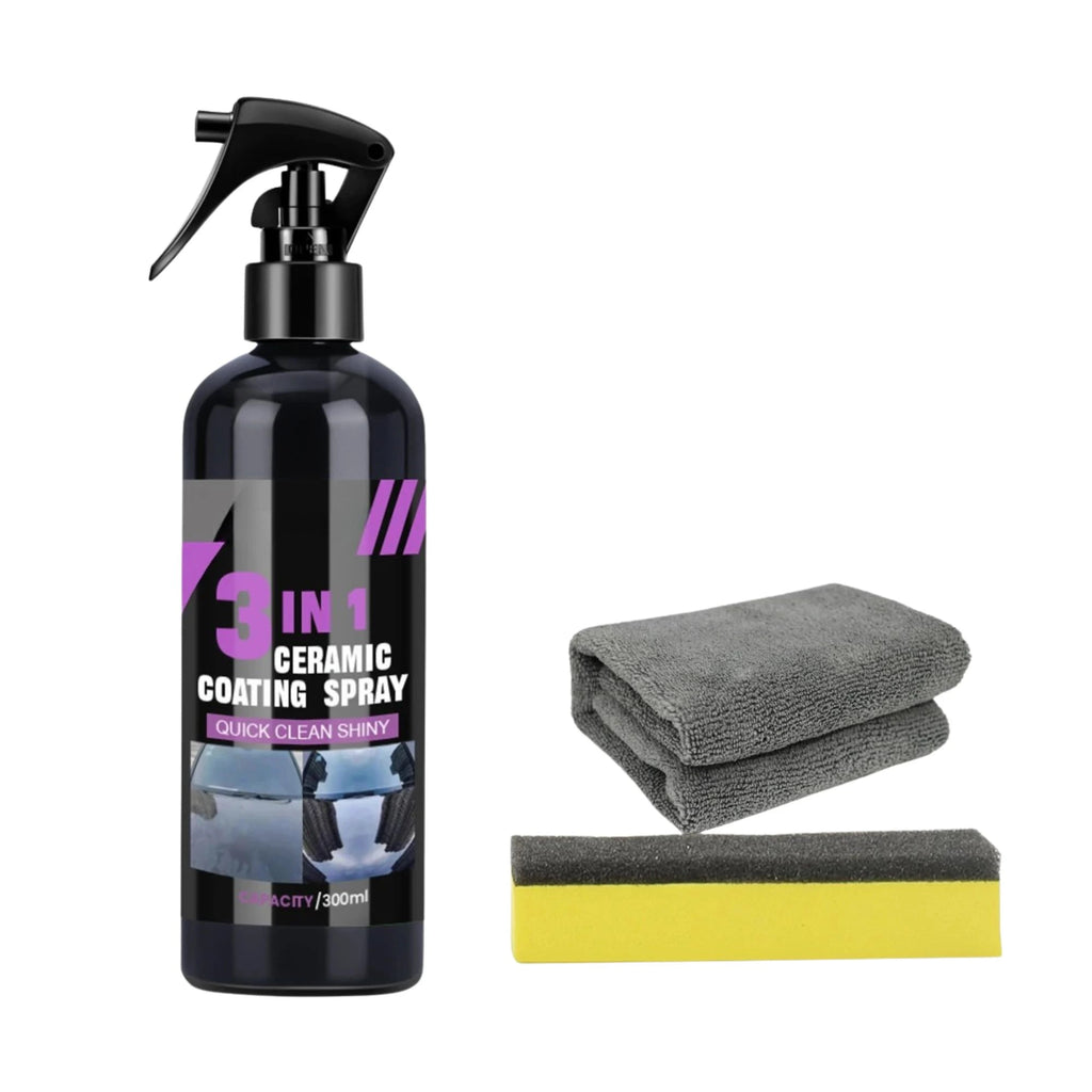 3-in-1 Ceramic Coating Spray bottle with two microfibre cloths and yellow sponge applicator on white background