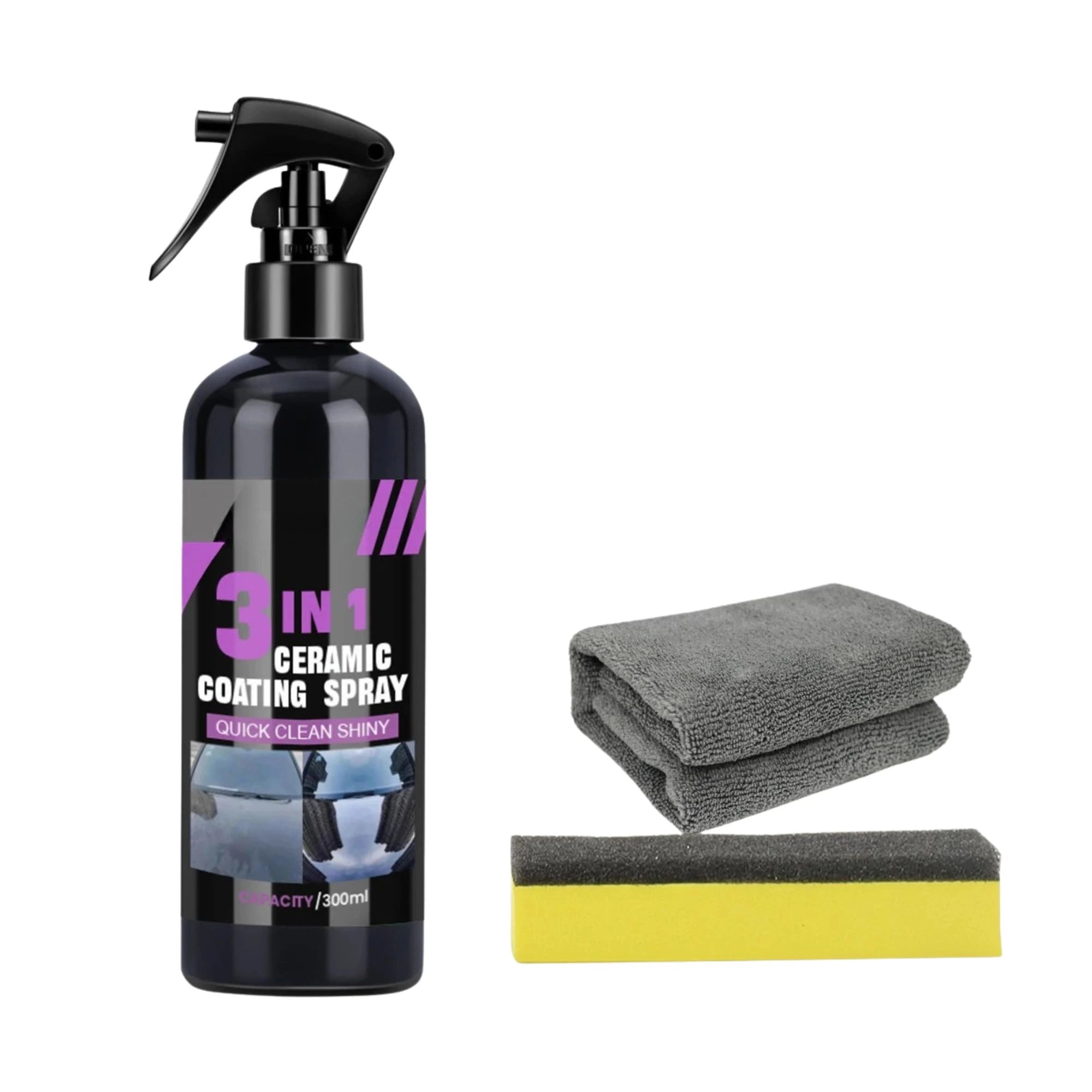 3-in-1 Ceramic Coating Spray bottle with two microfibre cloths and yellow sponge applicator on white background
