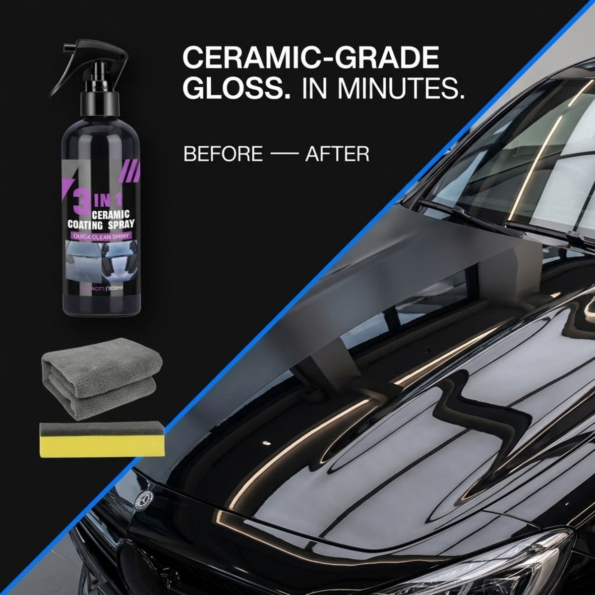 A bottle of ceramic coating spray with a black applicator pad and two microfiber cloths on a dark background, alongside a before-and-after comparison of a glossy black car hood showing improved shine and reflections.