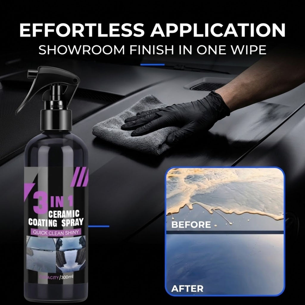 3-in-1 ceramic coating spray effortless application displaying a before and after to give a vehicle a showroom finish in one wipe