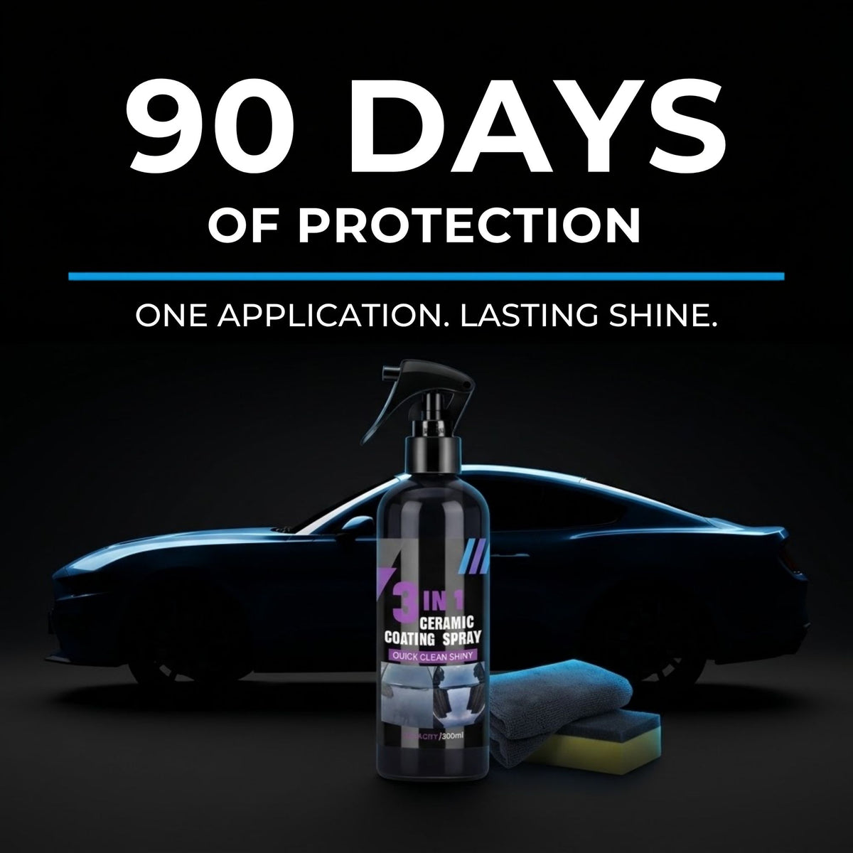 A bottle of 360° Ceramic Coating Spray stands in front of a dark car silhouette on a black background, with a folded blue towel and yellow sponge beside it. Large white text reads “90 DAYS OF PROTECTION” and “ONE APPLICATION.
