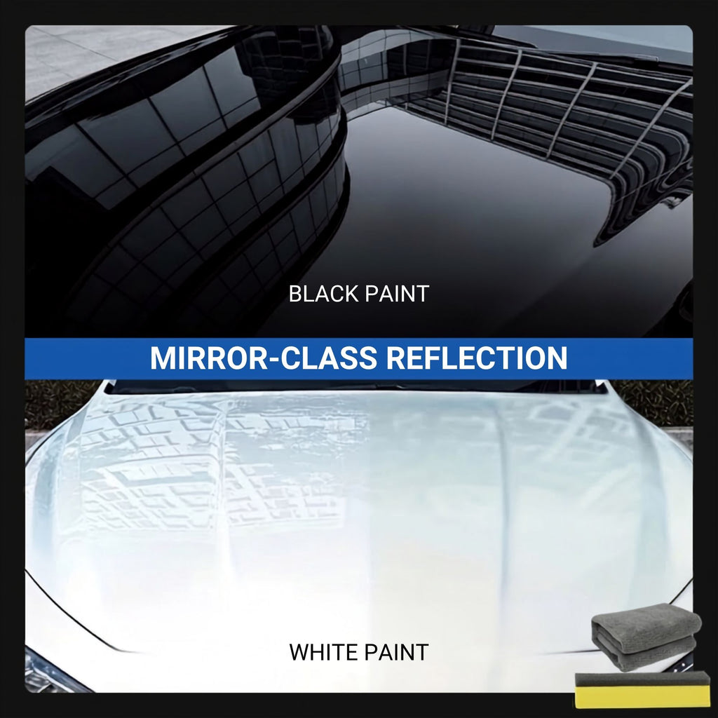 A promotional comparison graphic showing a car hood before and after applying a paint protection film or coating. The top half shows a glossy black finish with strong reflections and the text 'BLACK PAINT' and 'MIRROR-CLASS REFLECTION.