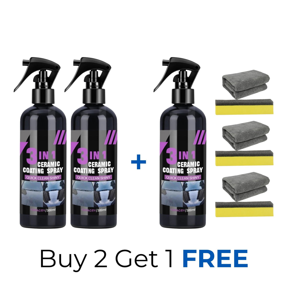 Three black spray bottles of 7-in-1 Ceramic Coating Spray with purple and white labels, shown with a plus sign and four folded gray microfiber towels with yellow sanding belts on a white background. Text at the bottom reads 'Buy 2 Get 1 FREE'.