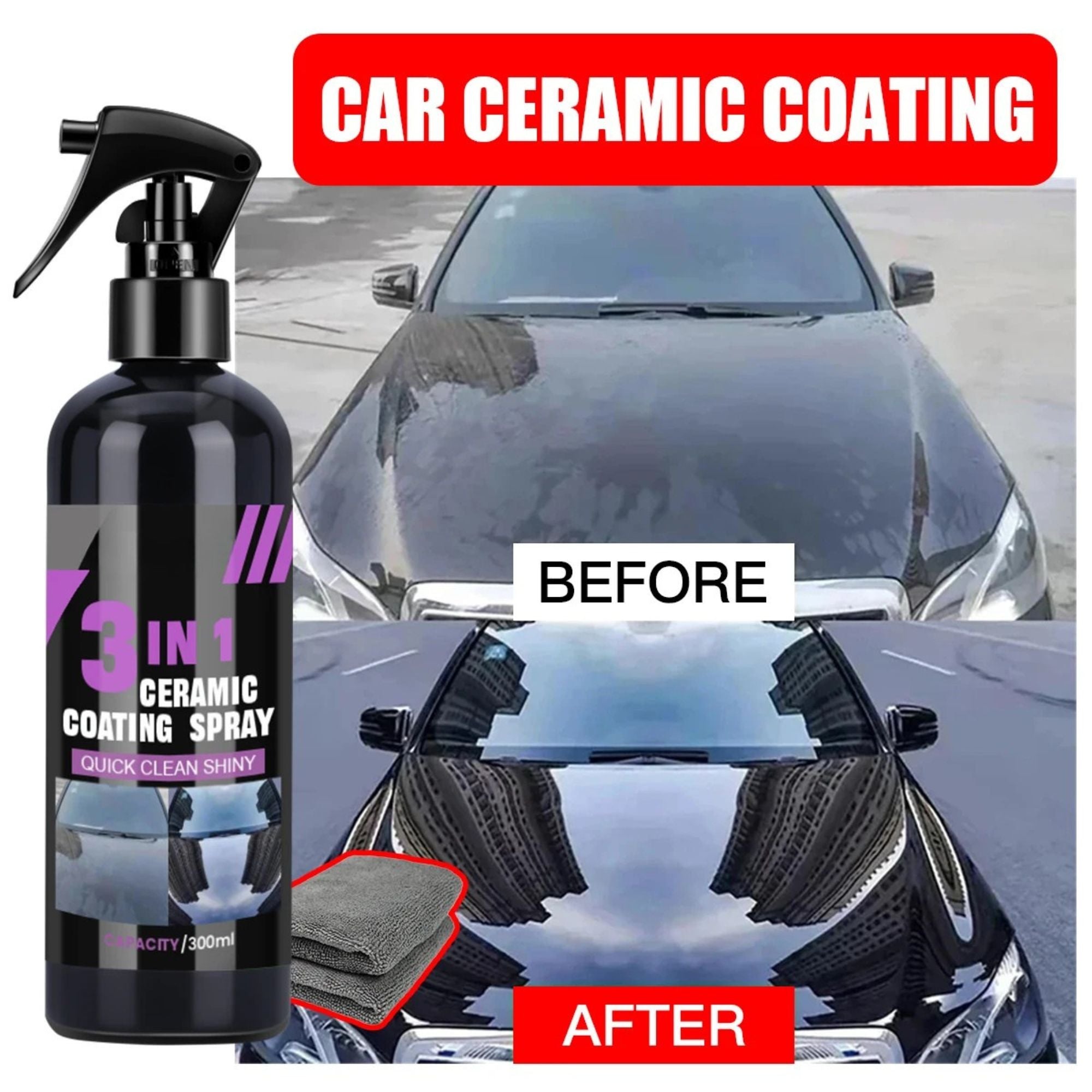 Ceramic Coating Spray bottle with before and after car ceramic coating comparison on bonnet