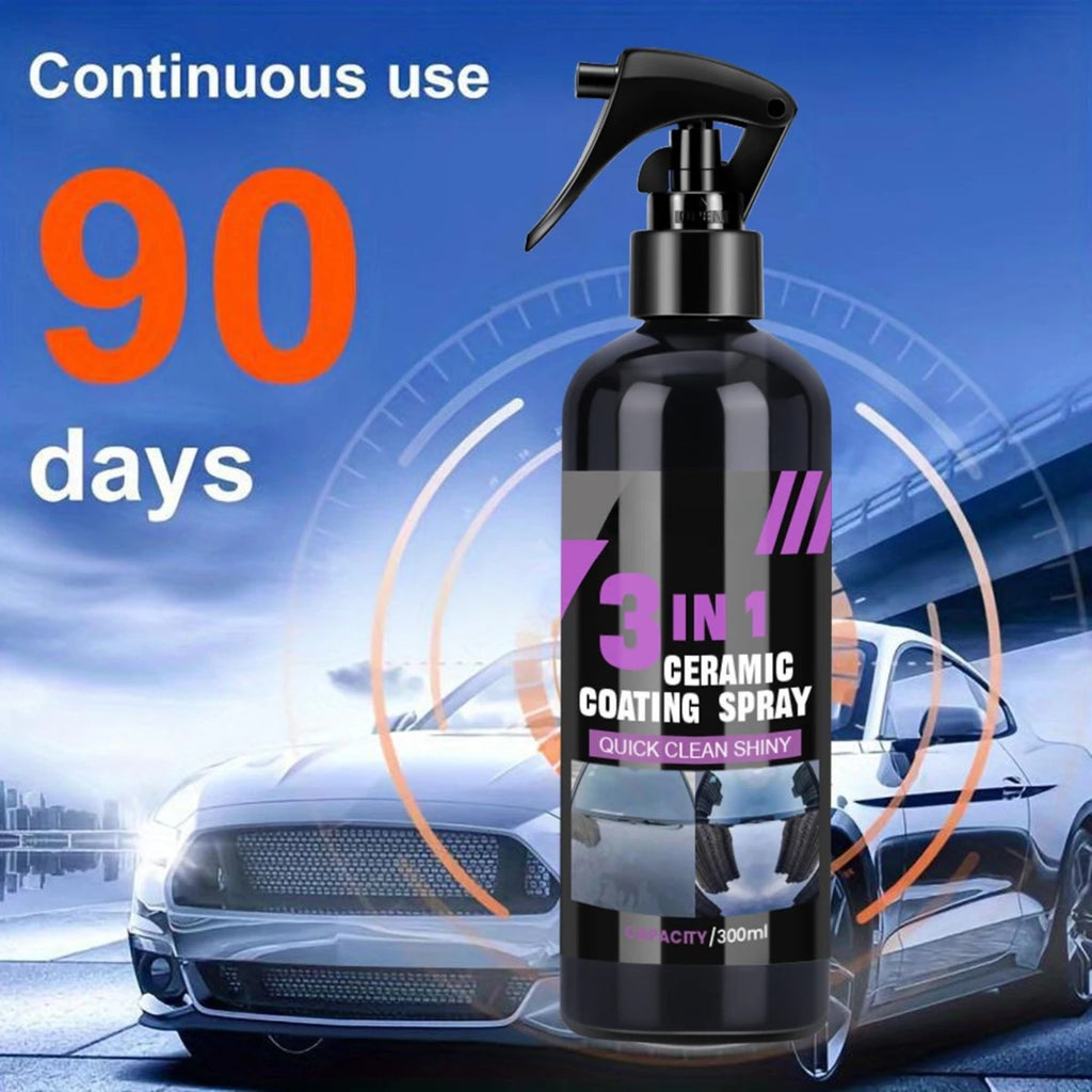 Ceramic Coating Spray continuous 90 day protection graphic with car and bottle