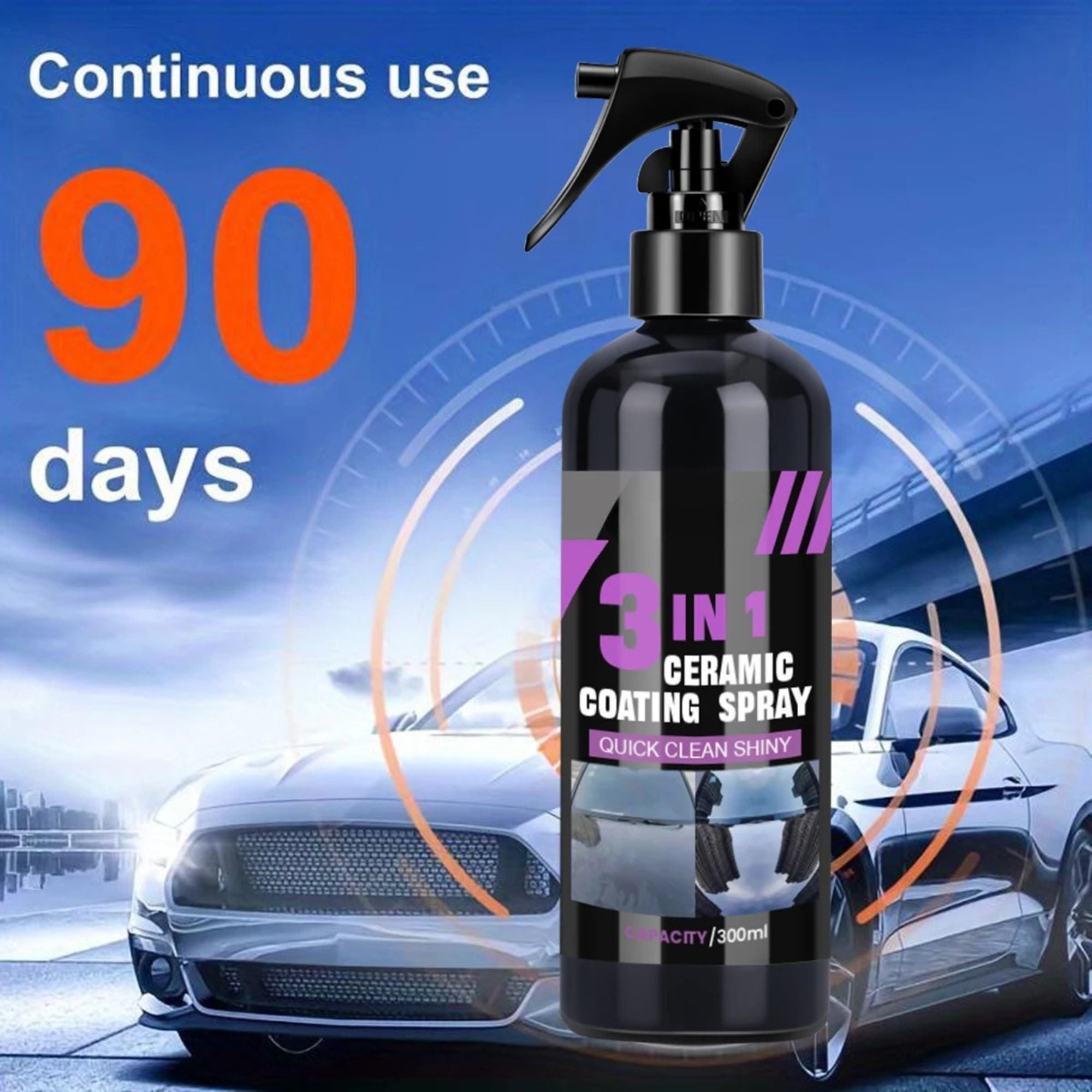 Ceramic Coating Spray continuous 90 day protection graphic with car and bottle