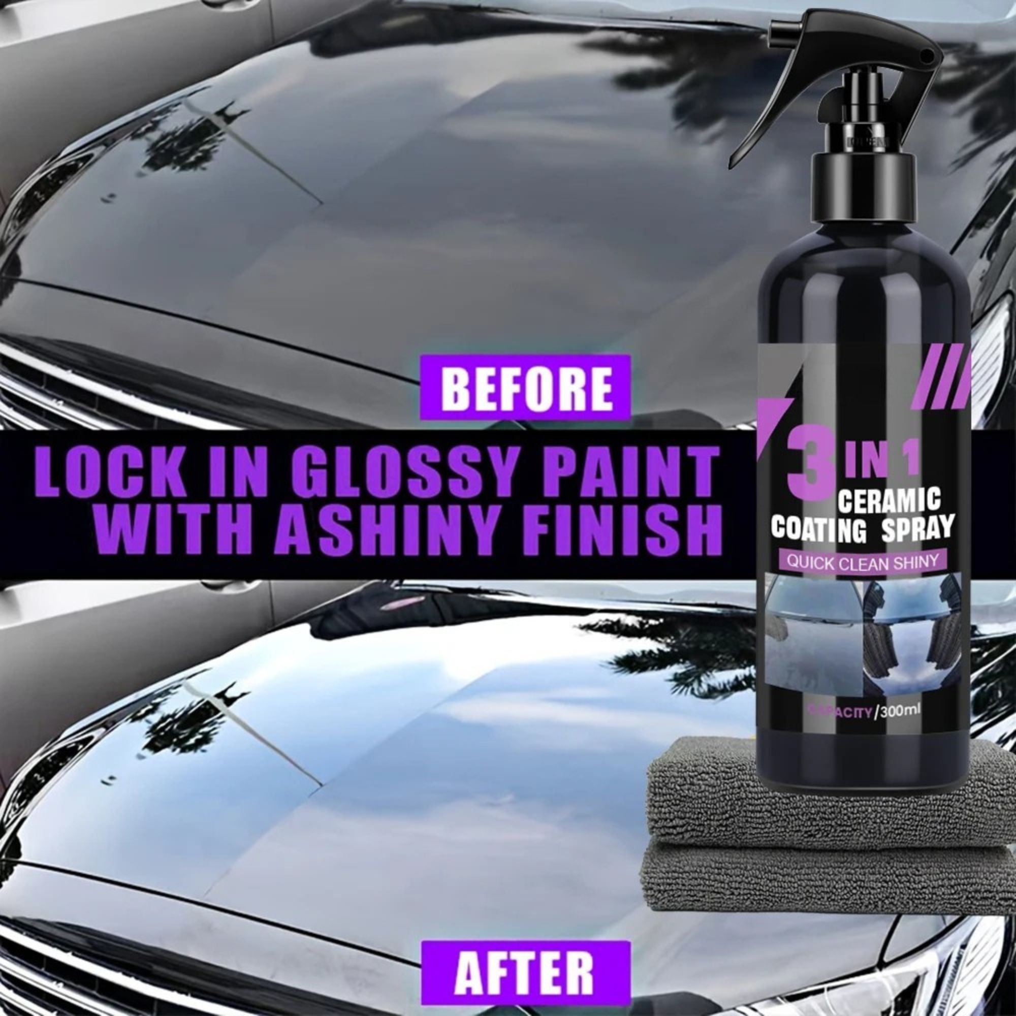 Ceramic Coating Spray bottle with before and after glossy paint finish comparison on car bonnet