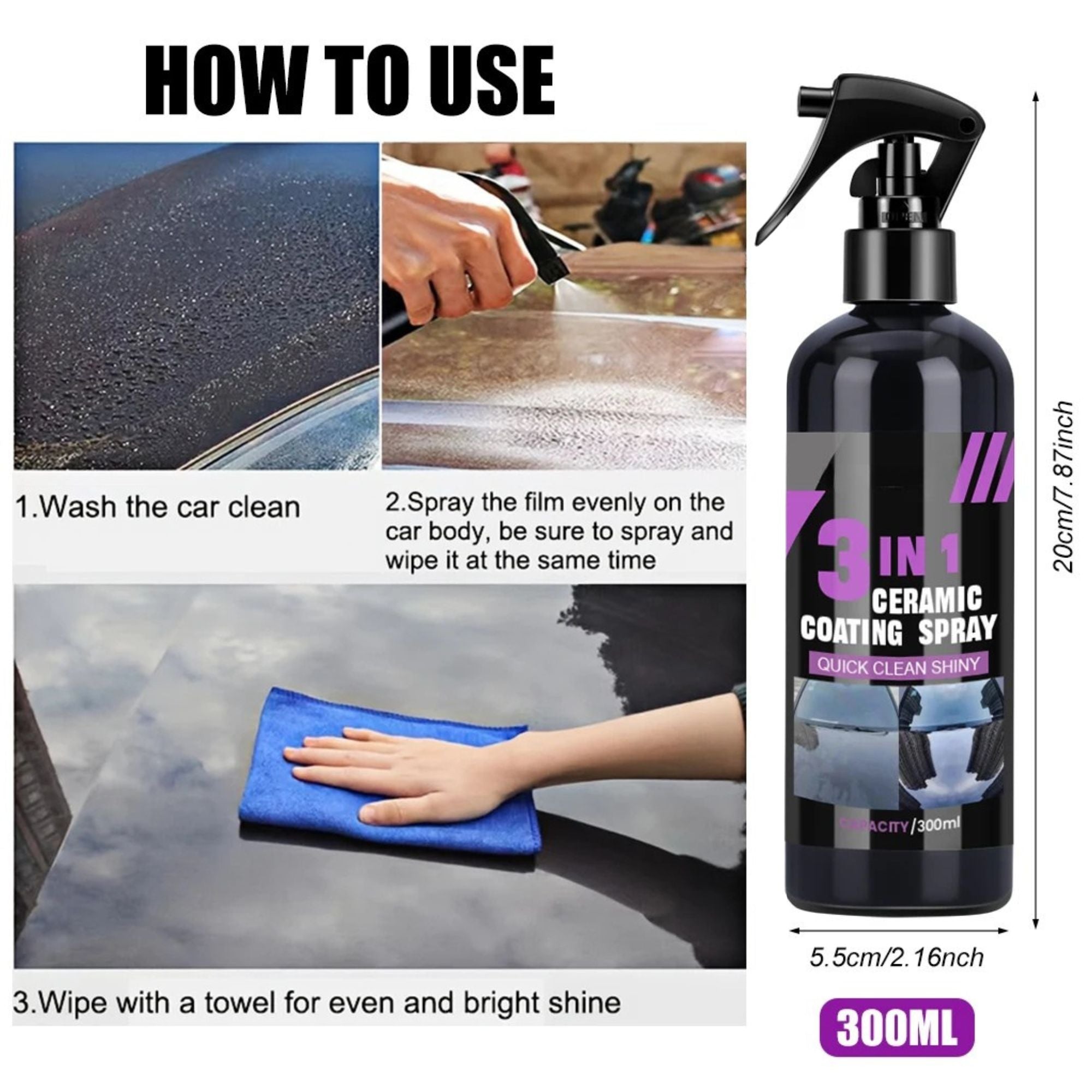 How to use 3-in-1 Ceramic Coating Spray in three steps: wash, spray and wipe