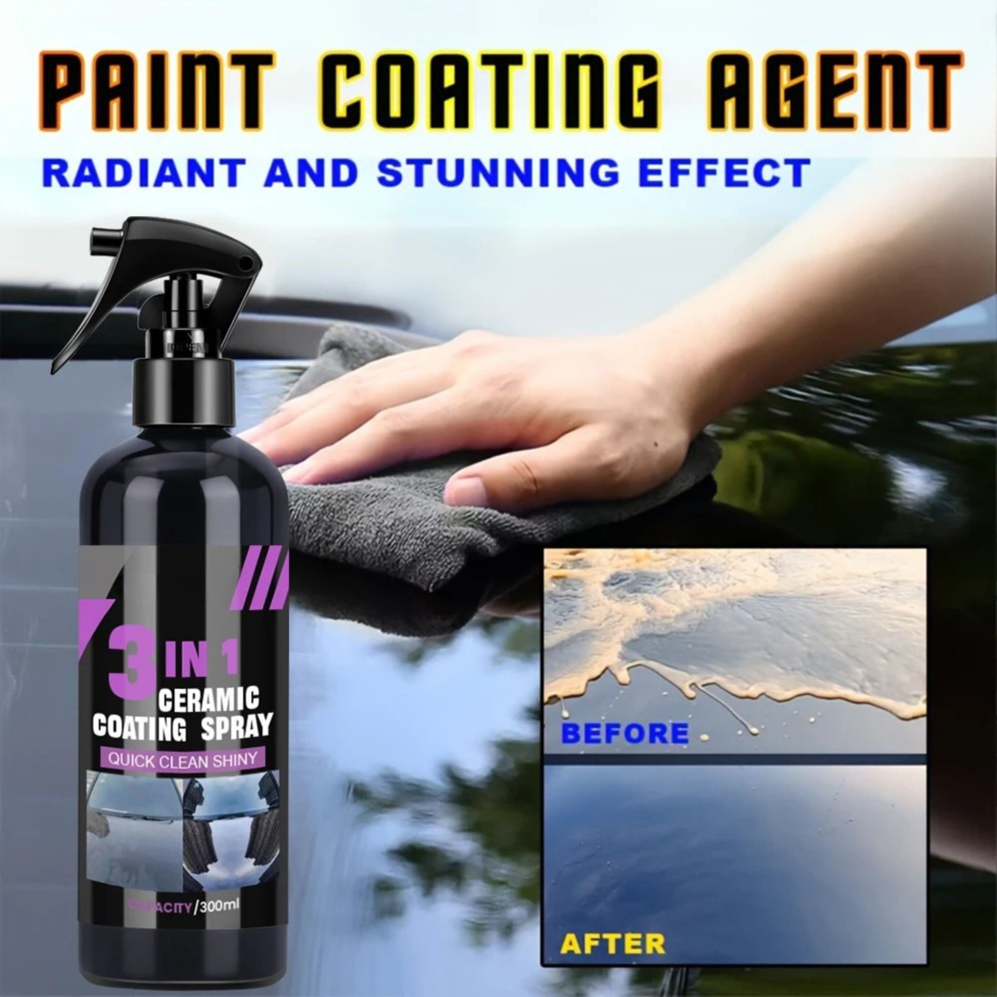 Hand wiping paint coating agent onto car bonnet with microfibre cloth for a radiant shine