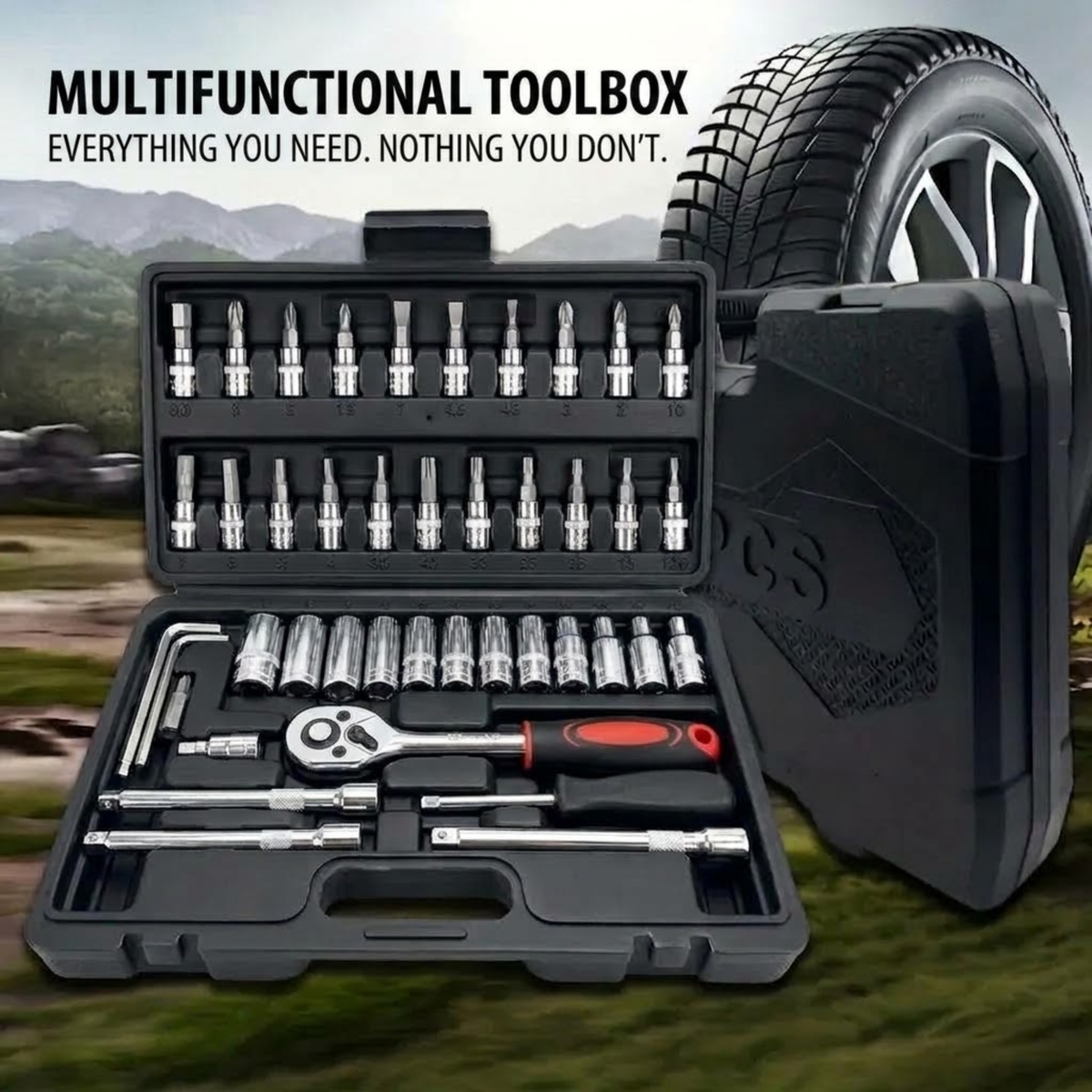 46-piece chrome vanadium socket set case with a car tyre in the background