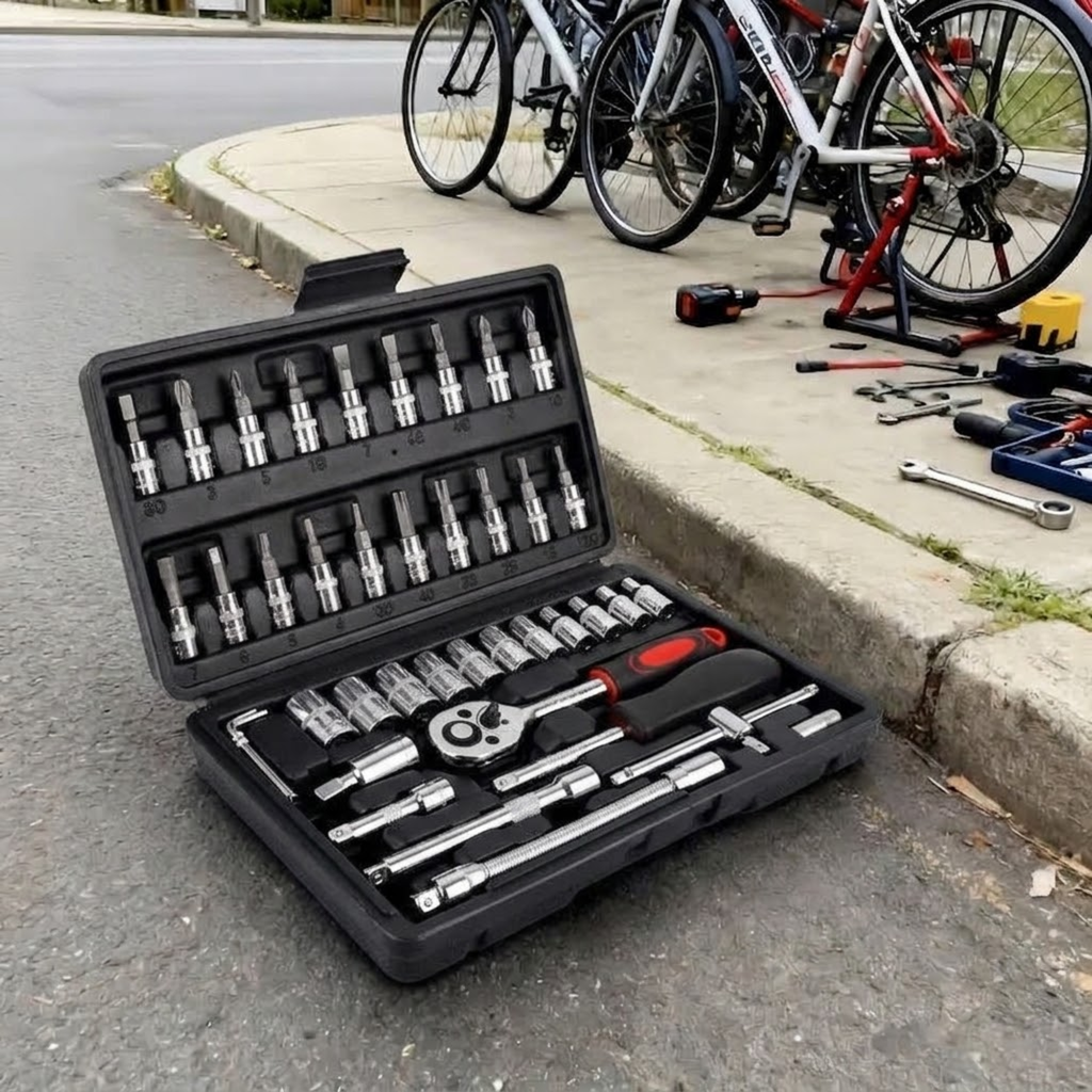 Chrome vanadium socket set case open on a roadside during a bicycle repair