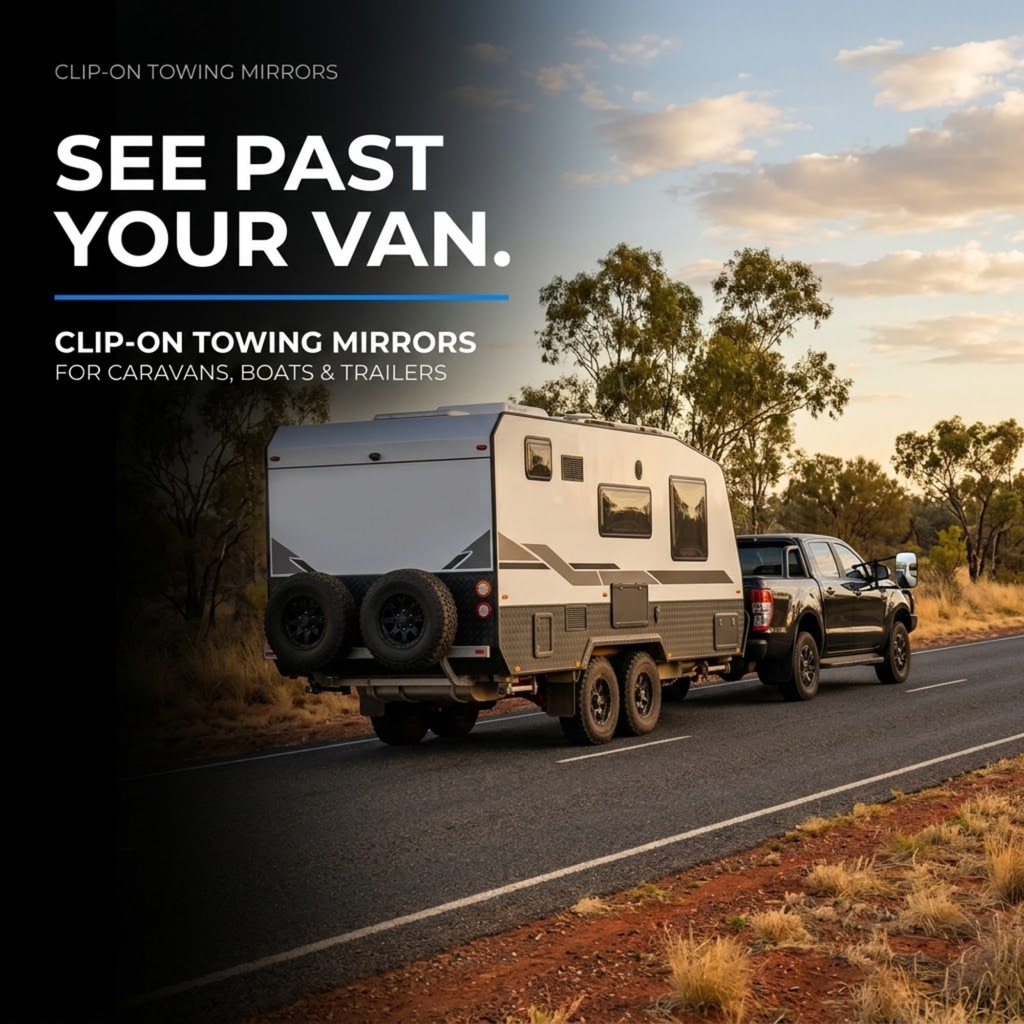 Ute towing a dual-axle off-road caravan on an outback highway, illustrating Clip-On Towing Mirrors for caravans, boats and trailers
