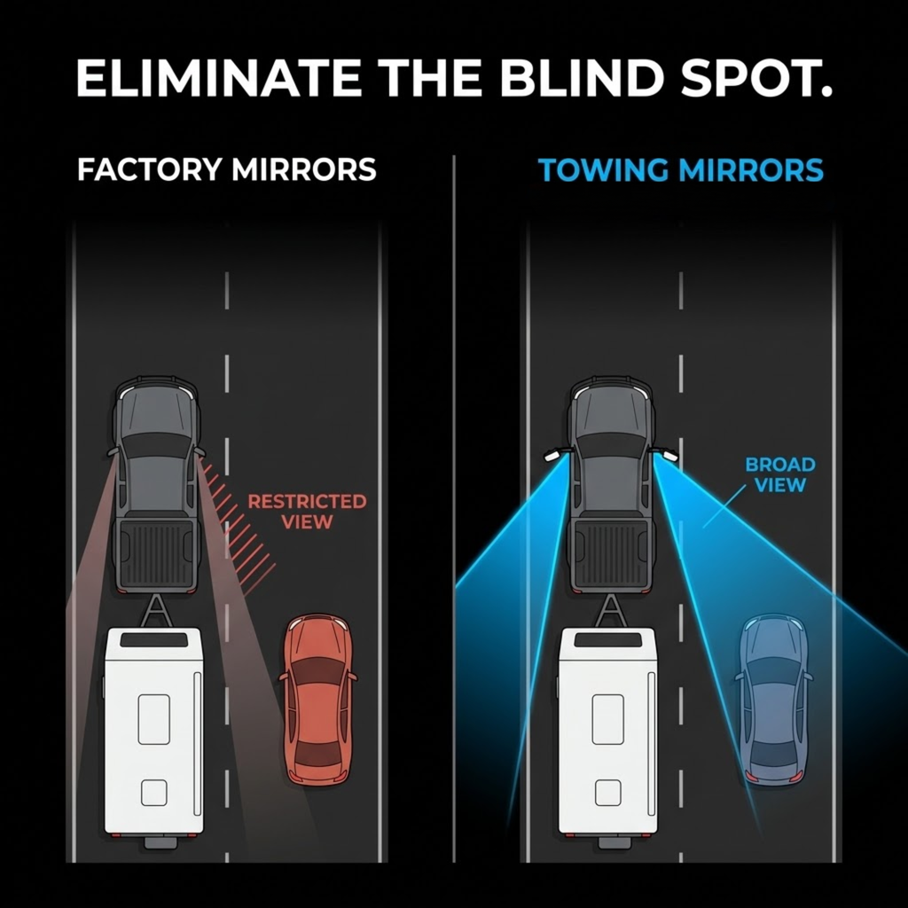 Clip-On Towing Mirrors diagram comparing restricted factory mirror view with the broad rear view when towing a caravan