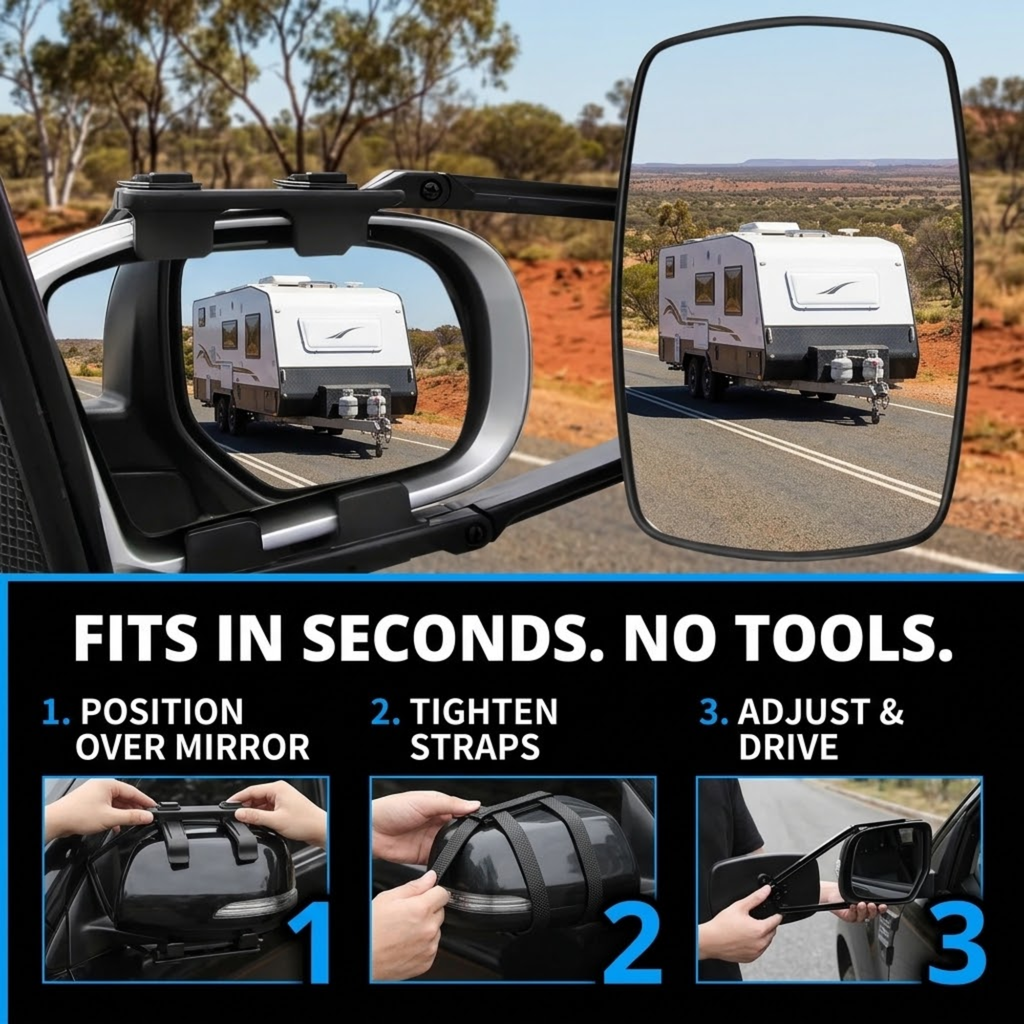 Clip-On Towing Mirror strapped over a ute side mirror showing a towed caravan, with three-step tool-free fitting guide