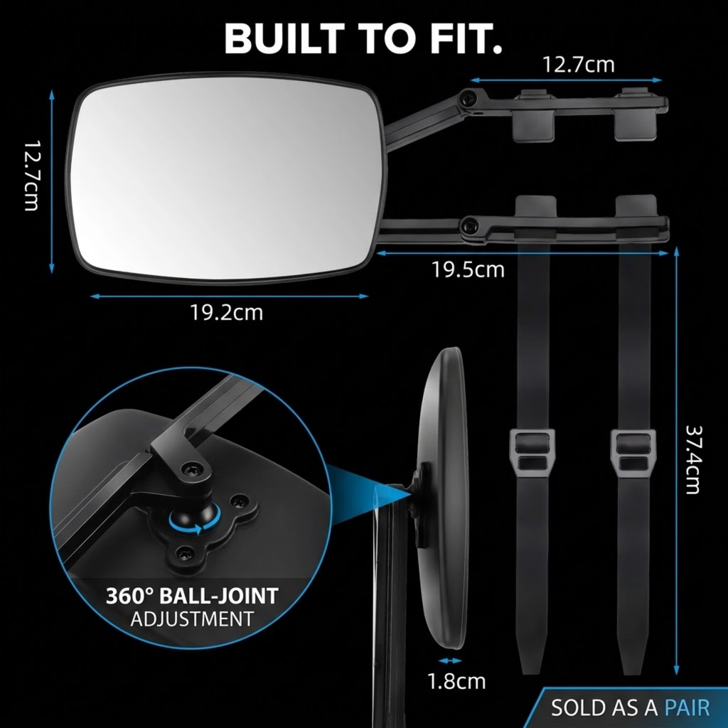 Clip-On Towing Mirror dimensions: 19.2 x 12.7 cm convex glass, 37.4 cm straps, 360 degree ball-joint adjustment, sold as a pair