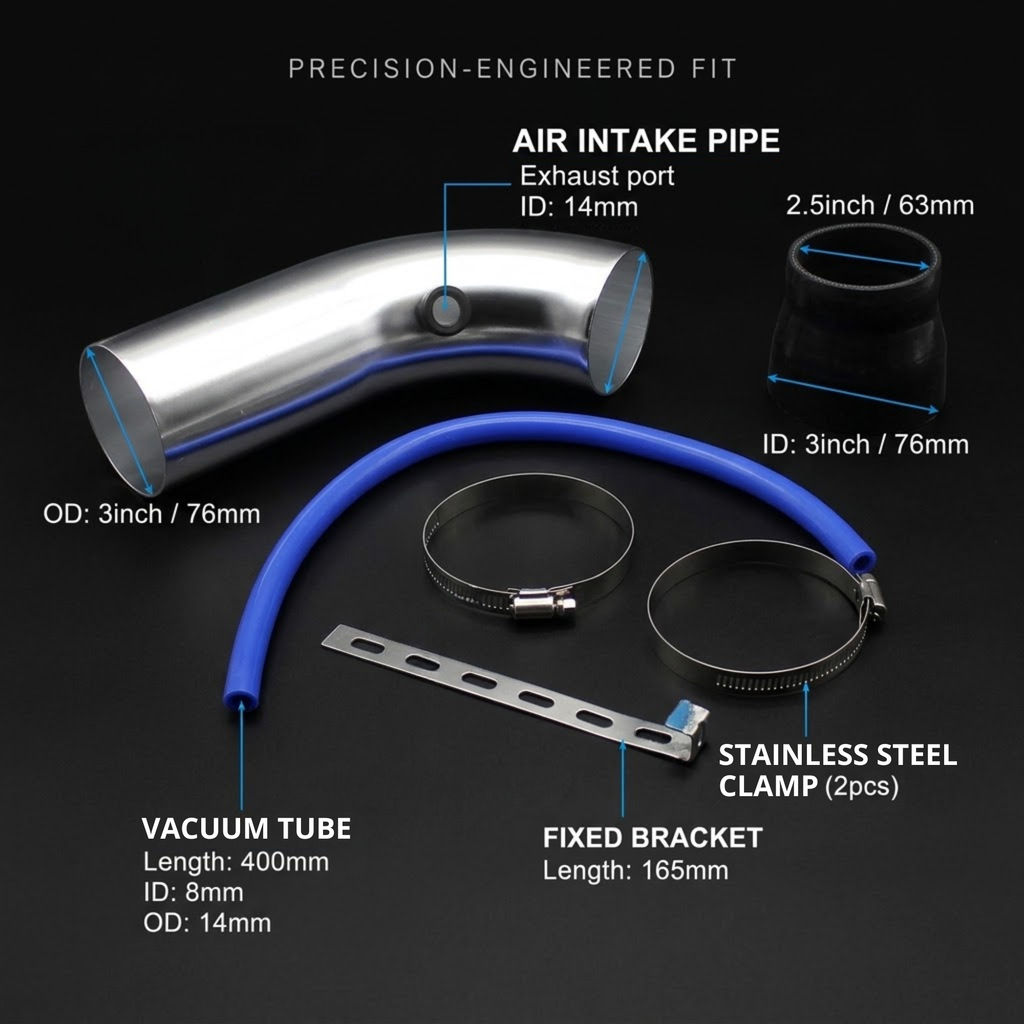 An automotive exhaust intake kit with labeled dimensions on a black background, including a stainless steel intake pipe, blue vacuum hose, clamp, bracket, and vacuum clamp.