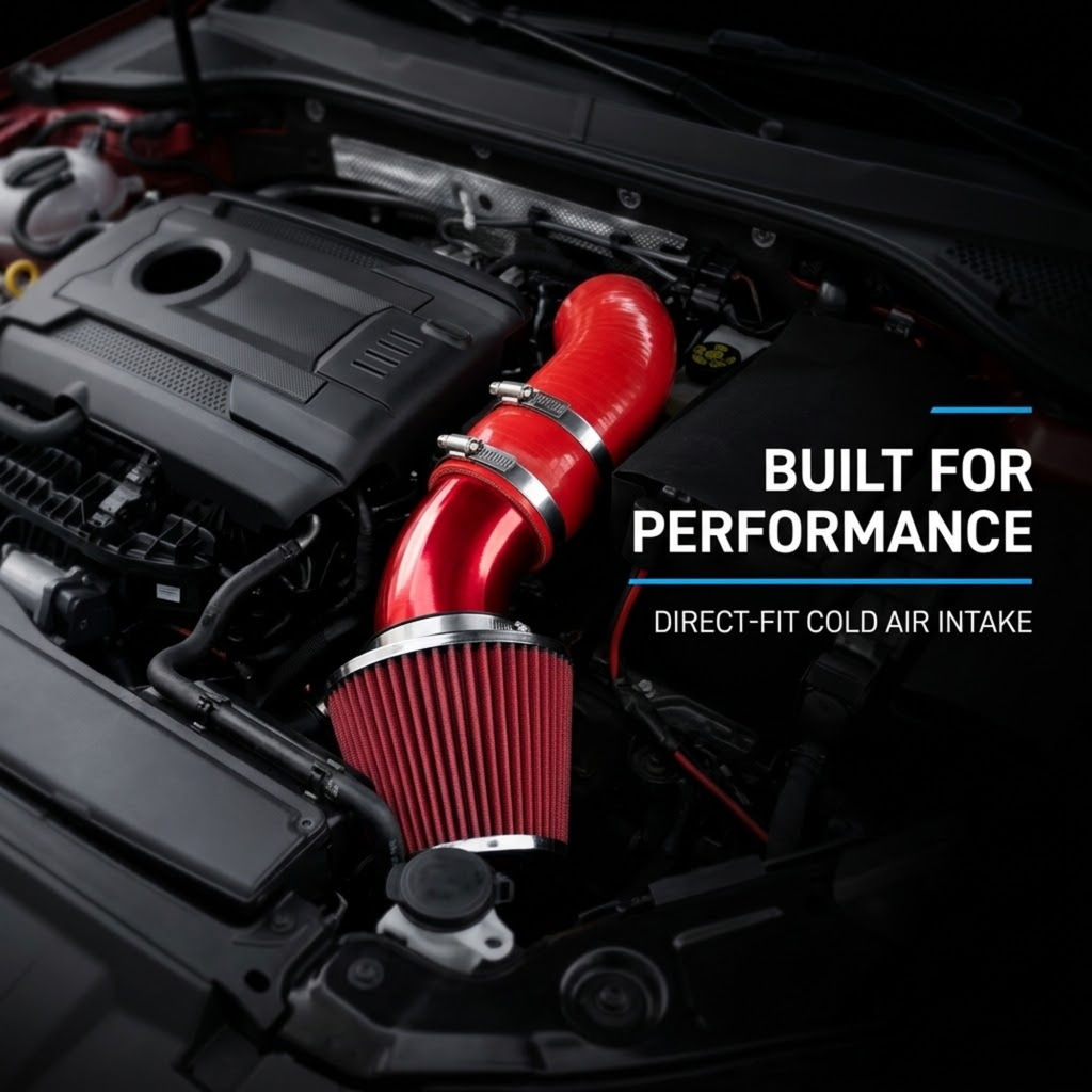 Cold Air Intake Kit installed in engine bay. build for performance. direct-fitcold air intake.