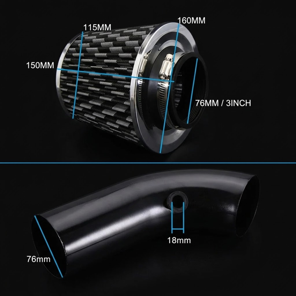 An automotive intake pipe and filter assembly shown on a black background with overlaid dimension lines and text indicating measurements such as 76mm/3inch, 115mm, 150mm, 160mm, and 18mm.