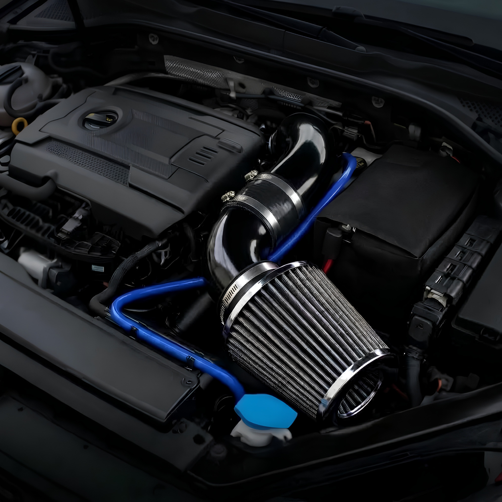Cold Air Intake Kit installed in engine bay. black cold air intake exhaust setup.