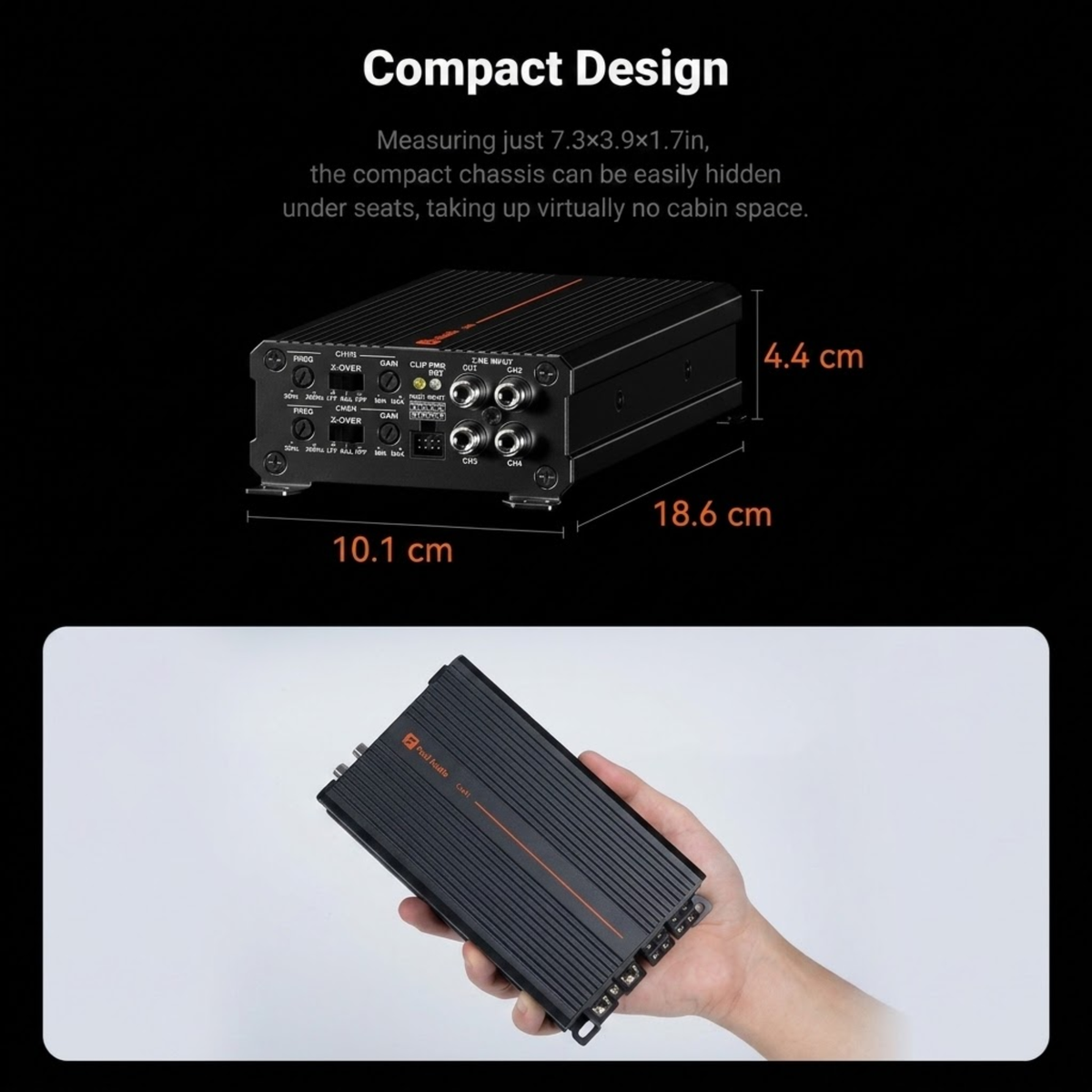 Compact Class D Amplifier shown in a hand to demonstrate its compact 18.6 x 10.1 x 4.4cm size