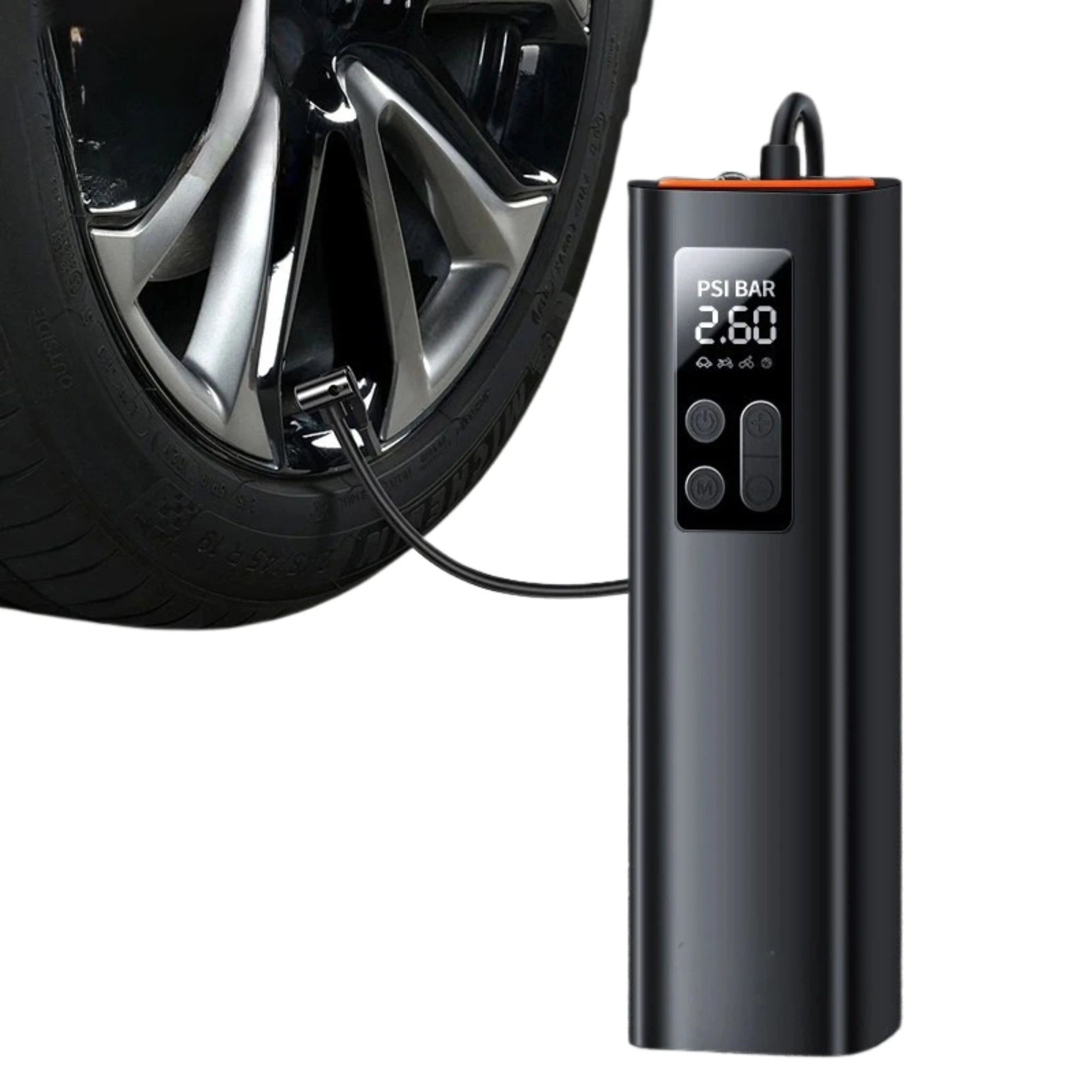 A black digital tire pressure gauge connected to a car wheel, shown on a clean white background. The gauge has a small LCD display showing PSI and BAR, with a black hose plugged into the wheel valve.