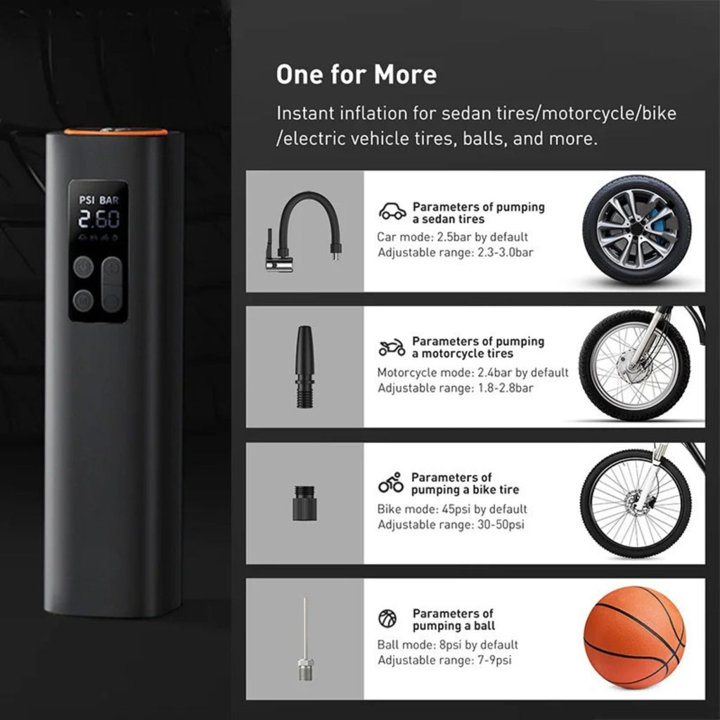 A black portable air pump with a digital PSI display is shown next to a feature infographic on a dark background. The infographic reads 'One for More' and lists pumping parameters for sedan tires, motorcycle tires, bike tires, and a ball, with small product photos illustrating each use case.