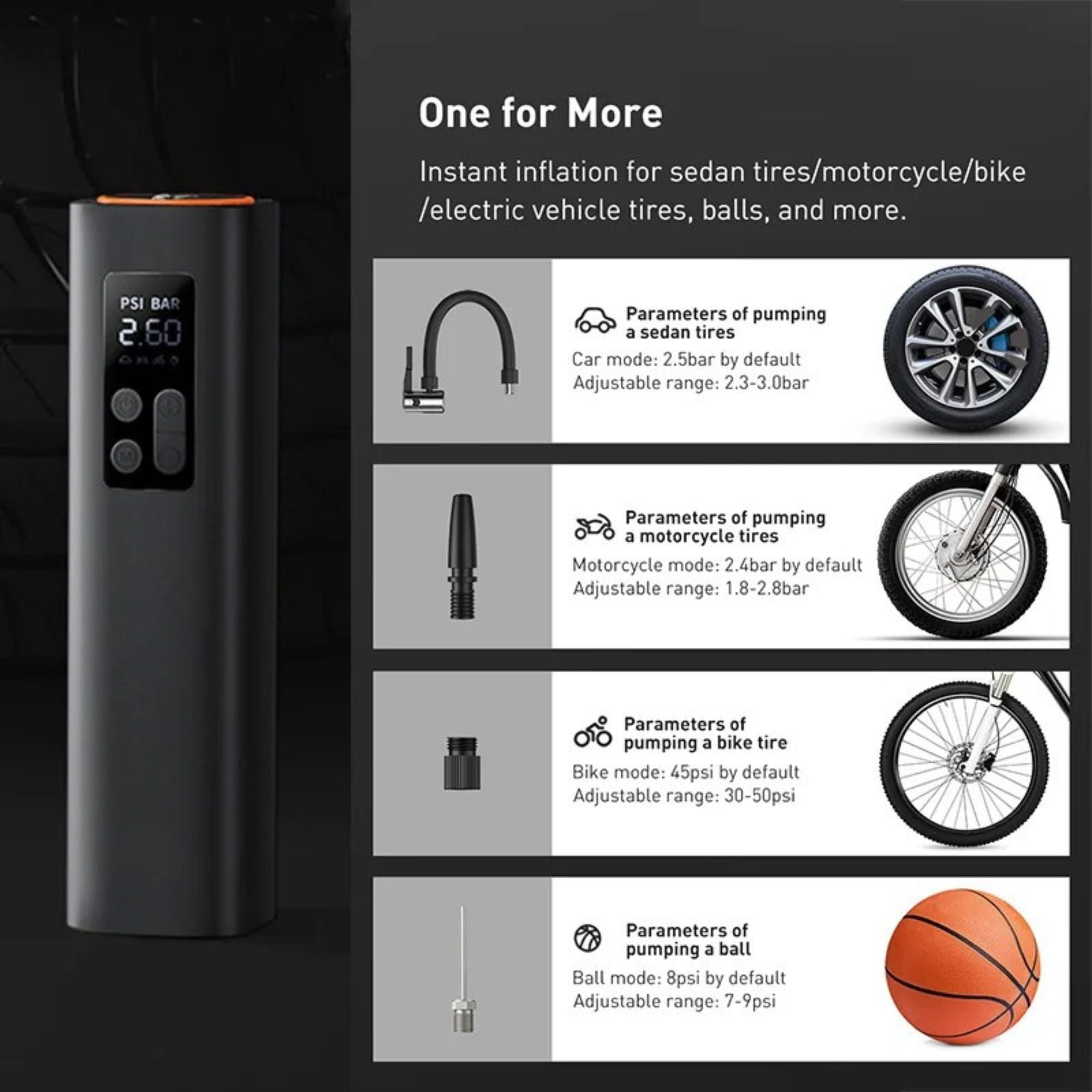 A black portable air pump with a digital PSI display is shown next to a feature infographic on a dark background. The infographic reads 'One for More' and lists pumping parameters for sedan tires, motorcycle tires, bike tires, and a ball, with small product photos illustrating each use case.