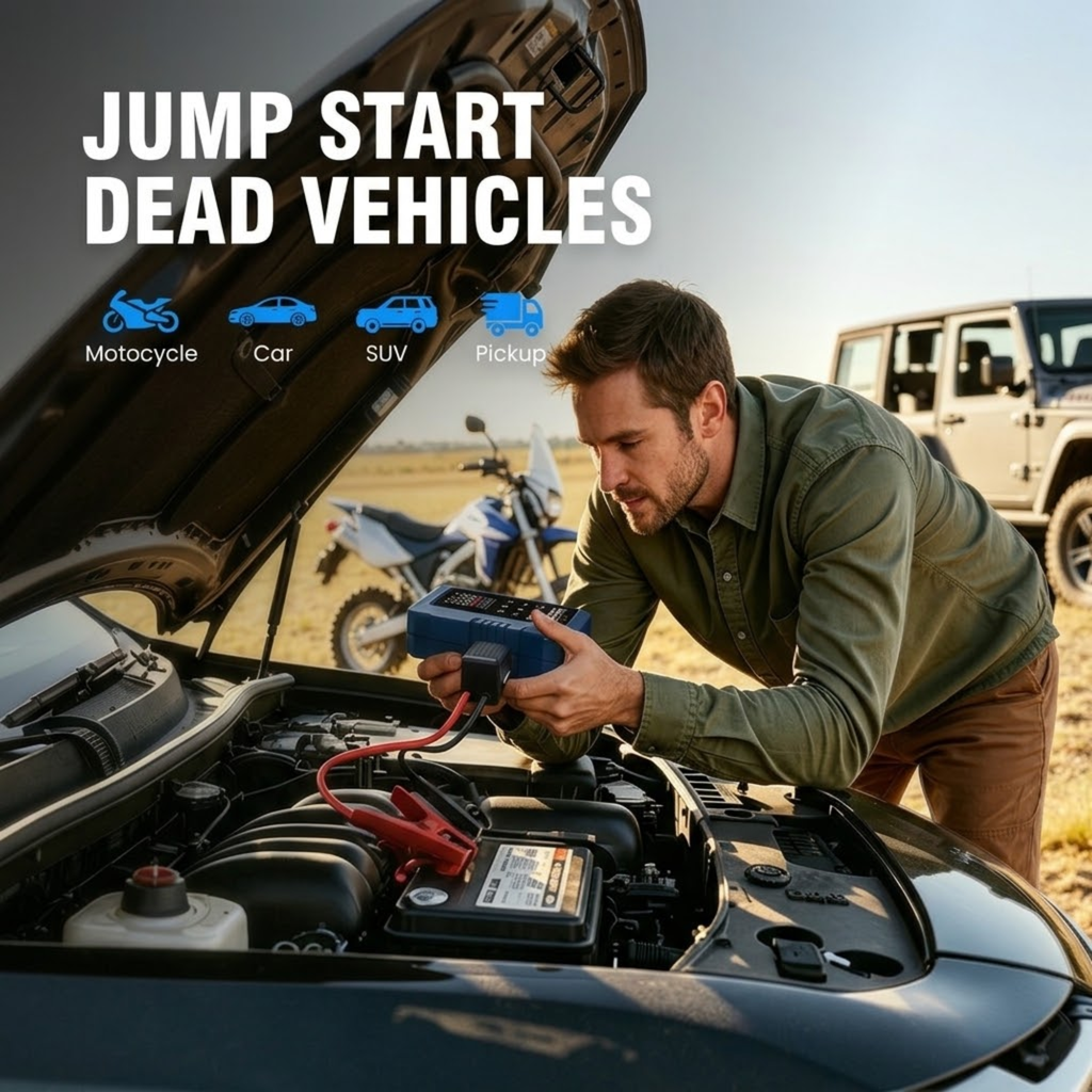 Man using the Compact Jump Starter Inflator to jump start a car battery under the open bonnet outdoors