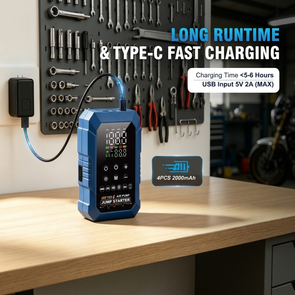 Compact Jump Starter Inflator charging via USB-C cable on a garage workbench with tool wall behind