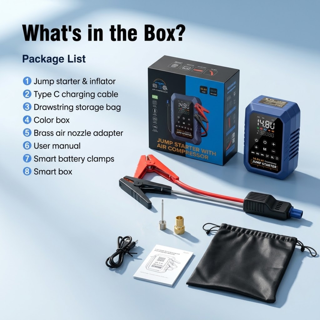 Compact Jump Starter Inflator package contents: unit, battery clamps, USB-C cable, nozzle adapters, storage bag and manual