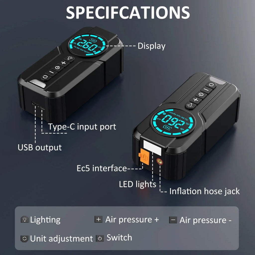 Specification diagram of the Compact Jump Starter Kit labelling the display, Type-C input port, USB output, EC5 interface and inflation hose jack