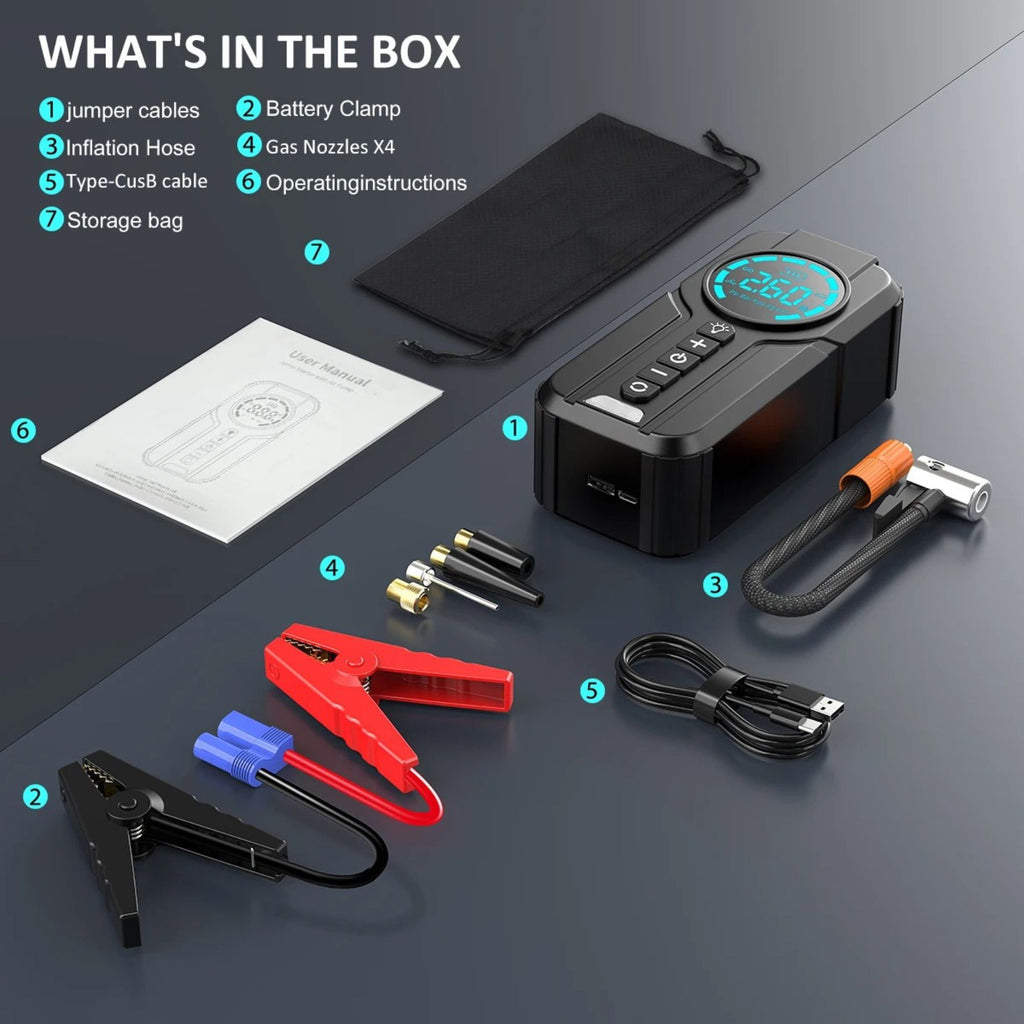 Compact Jump Starter Kit box contents laid out, including jumper cables, battery clamp, inflation hose, gas nozzles, USB-C cable, manual and storage bag
