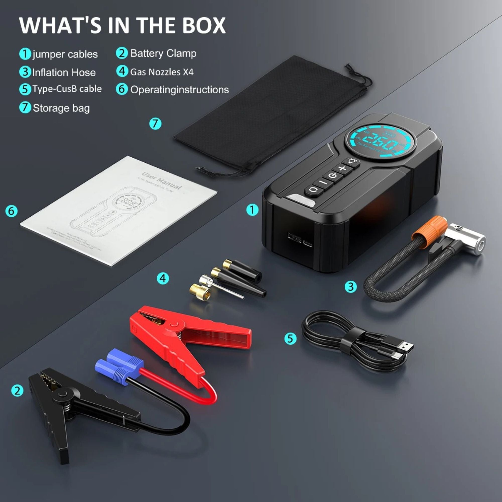 Compact Jump Starter Kit box contents laid out, including jumper cables, battery clamp, inflation hose, gas nozzles, USB-C cable, manual and storage bag