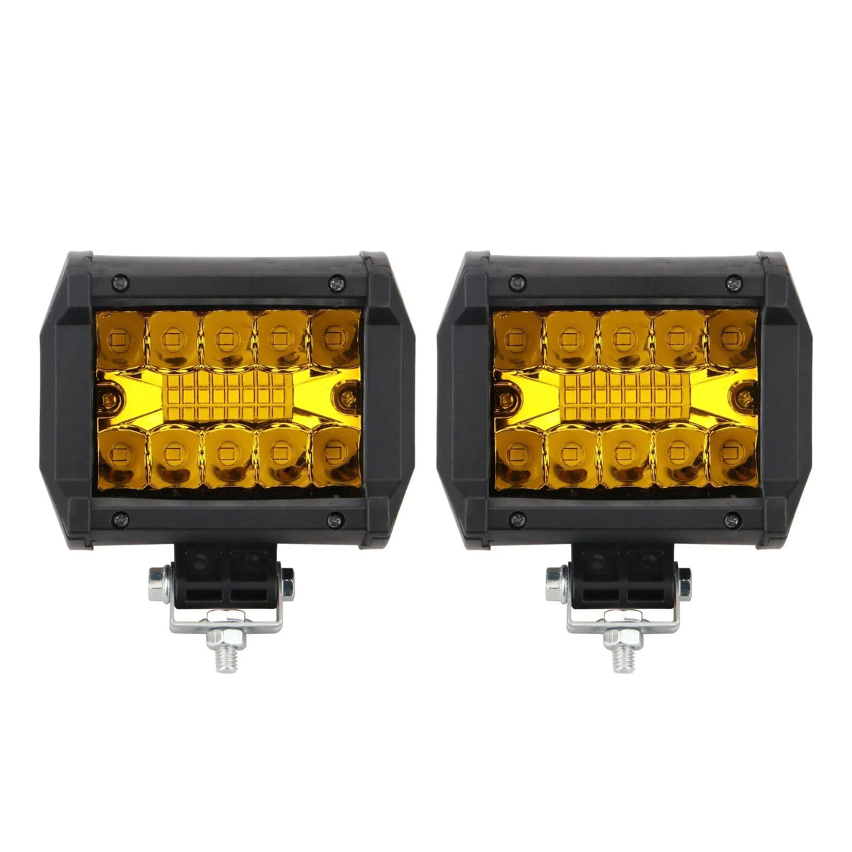 Compact LED Work Light Pair with amber yellow LEDs, black housings and mounting brackets on a white background