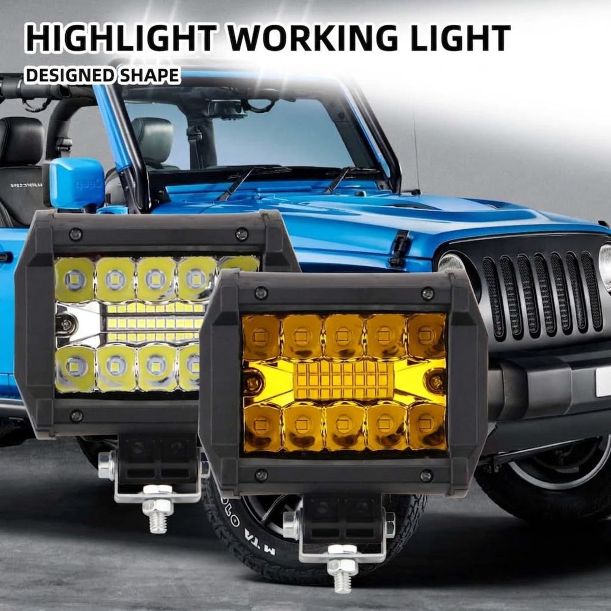 White and amber Compact LED Work Lights shown in front of a blue 4WD