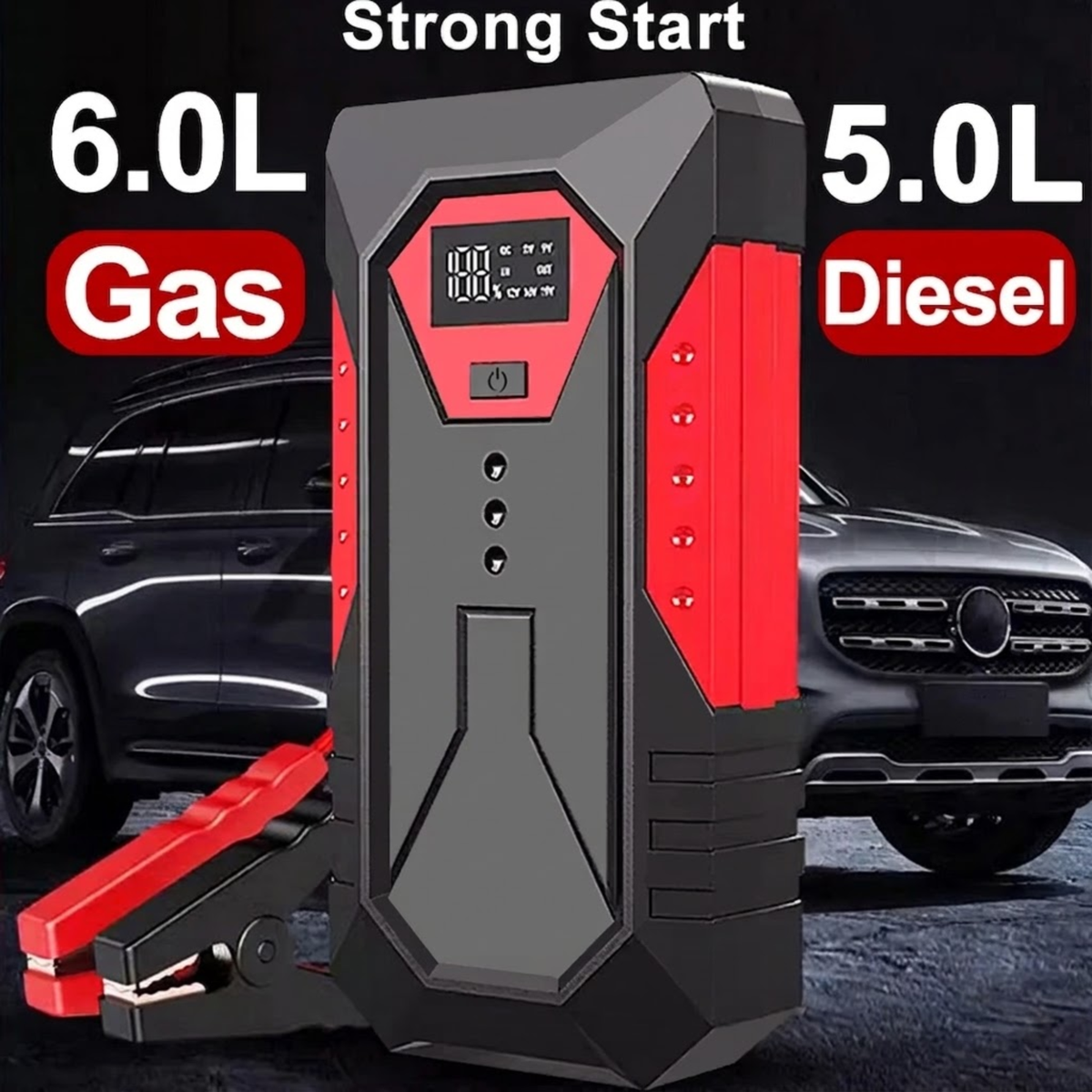 Compact Pocket Jump Starter in red and black with clamps in front of an SUV, rated for engines up to 6.0L petrol and 5.0L diesel