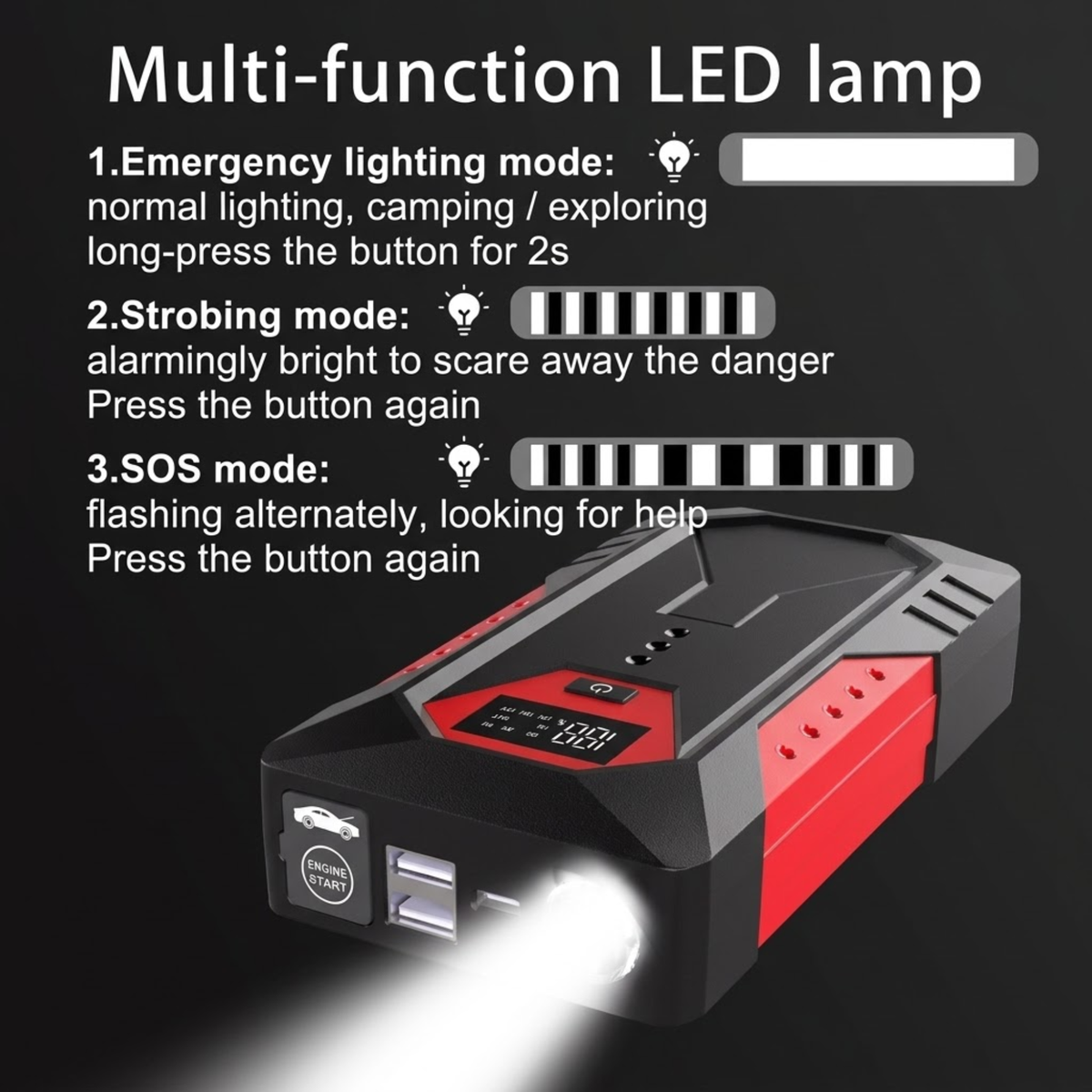 Compact Pocket Jump Starter LED torch with emergency lighting, strobe and SOS modes