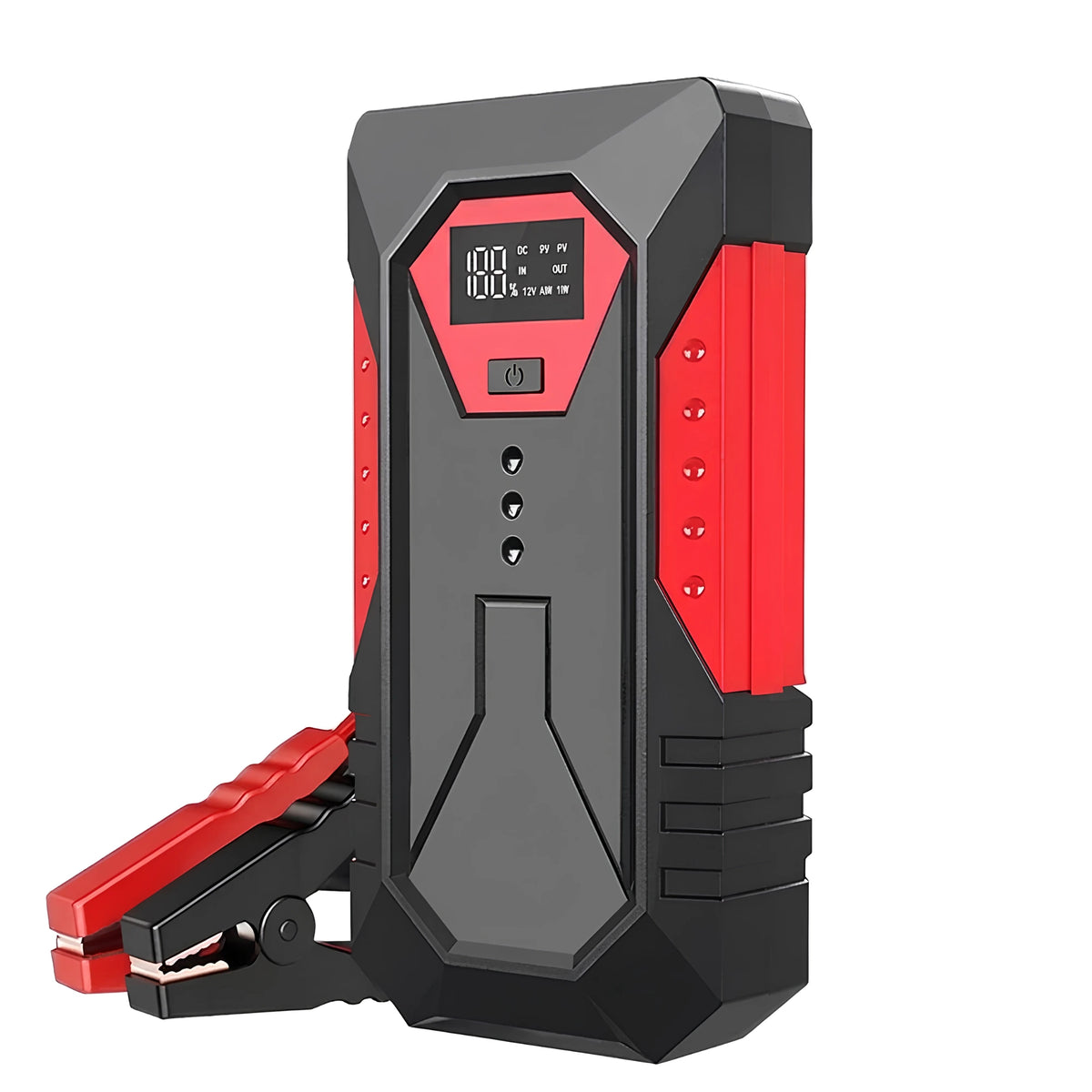 Compact Pocket Jump Starter in red and black with LCD display and battery clamps on a white background